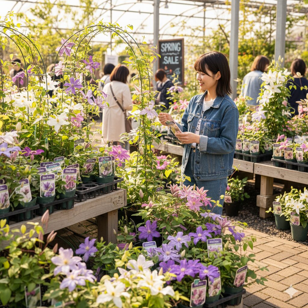クレマチス 苗 出回る 時期2 春の園芸店に陳列されたクレマチスのポット苗と行燈仕立ての開花株