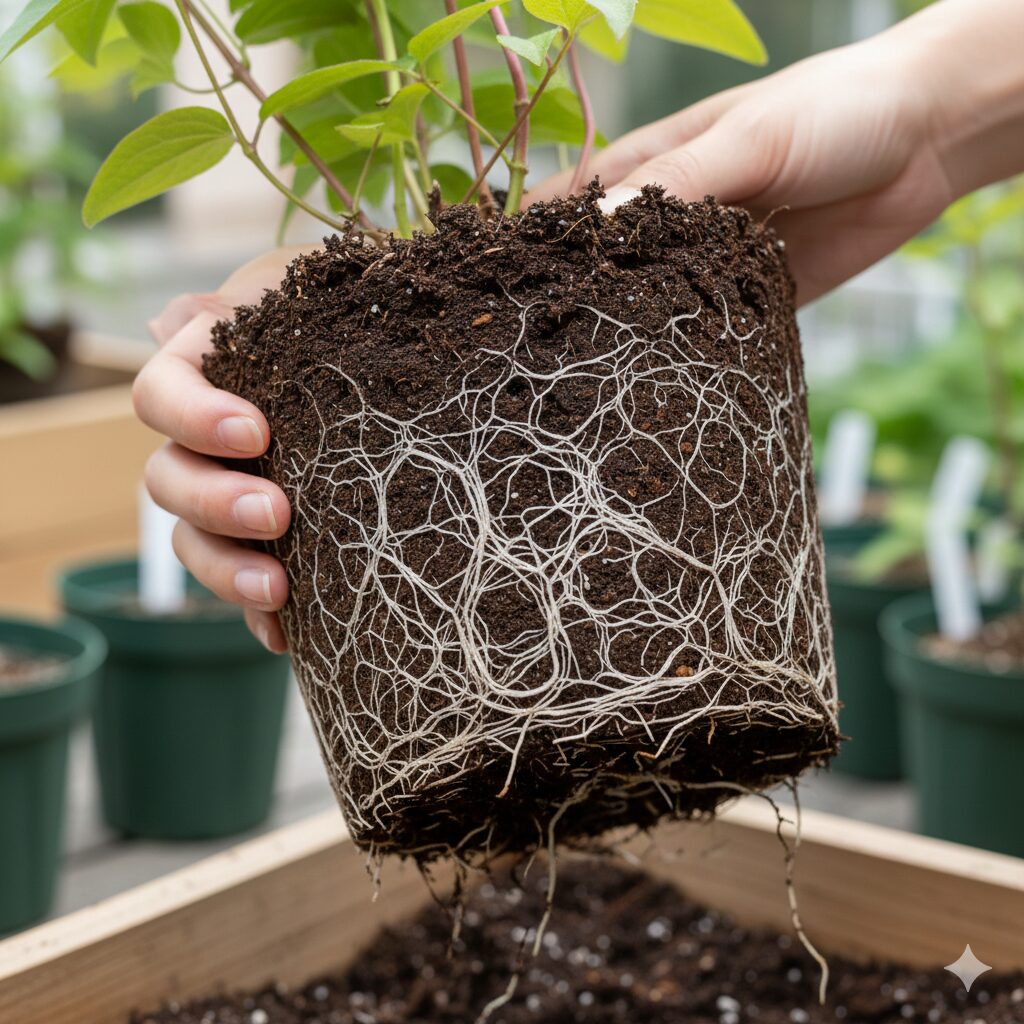 クレマチス 苗 出回る 時期3 秋に植え付け適期を迎えたクレマチス2年生苗の健康的な根の状態