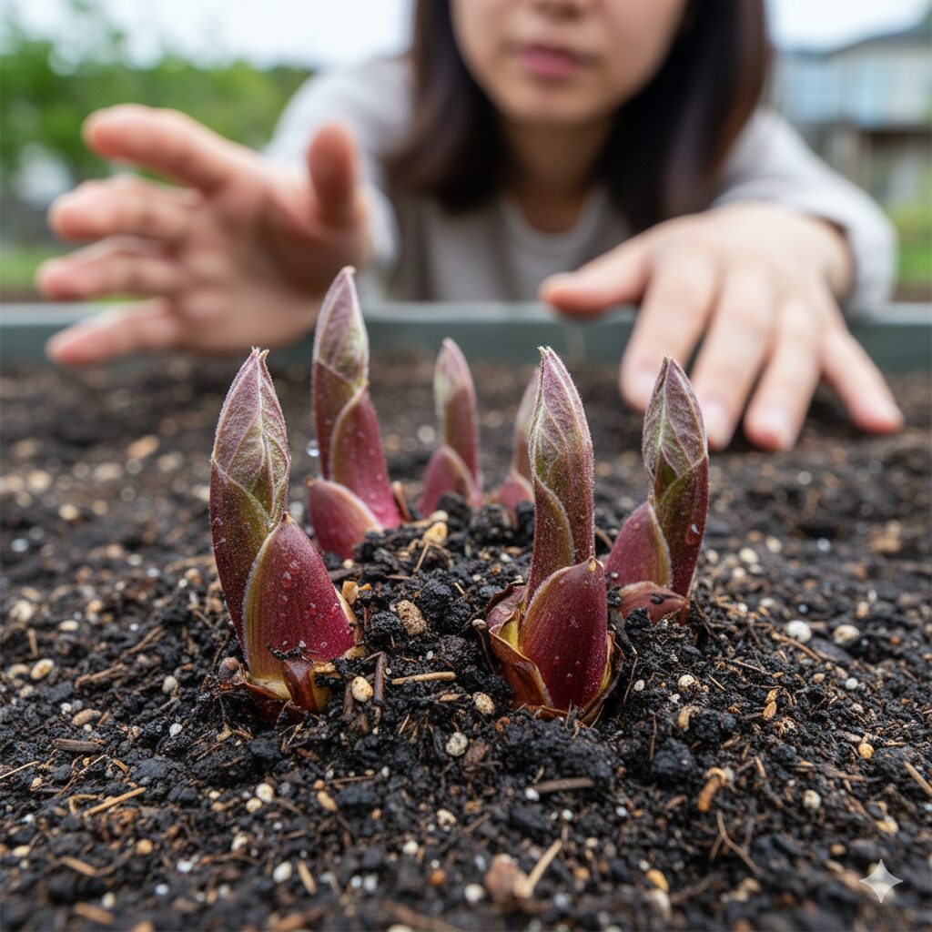 クレマチス 苗 出回る 時期6 クレマチス苗の土の表面から出ている元気な地中芽の様子