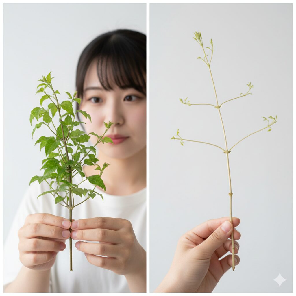 クレマチス 苗 出回る 時期7 節間が詰まった良いクレマチス苗と徒長した苗の比較解説画像