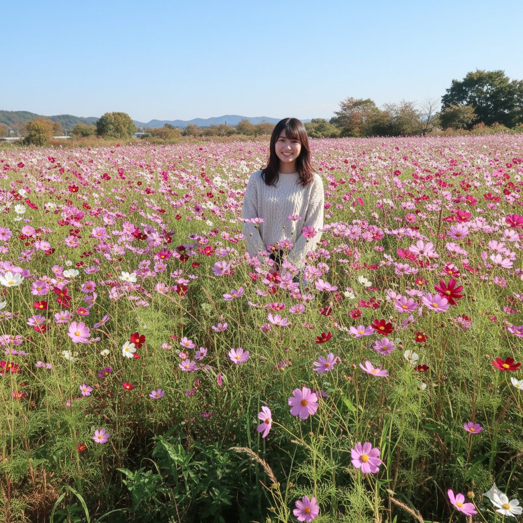 コスモス ほったらかし1　秋の青空の下、庭で自然な姿で満開に咲き誇る色とりどりのコスモス