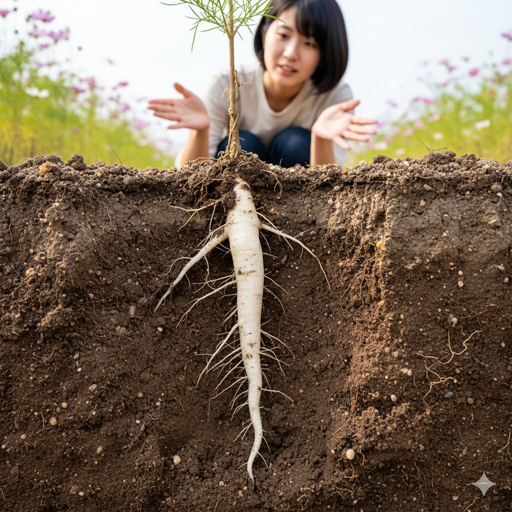 コスモス ほったらかし2　地中深くへ真っ直ぐに伸び、乾燥に耐える力を生み出すコスモスの長い主根（直根性）