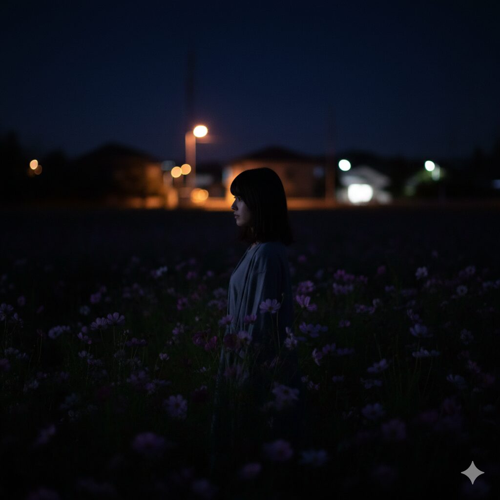 コスモス ほったらかし3　コスモスの花芽形成に不可欠な、夜間の街灯の光が当たらない暗い庭の環境