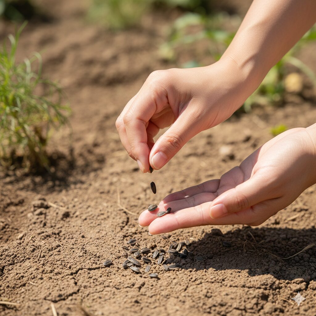 コスモス ほったらかし6　草丈を低く抑えて倒伏を防ぐために、8月に行うコスモスの種まき作業