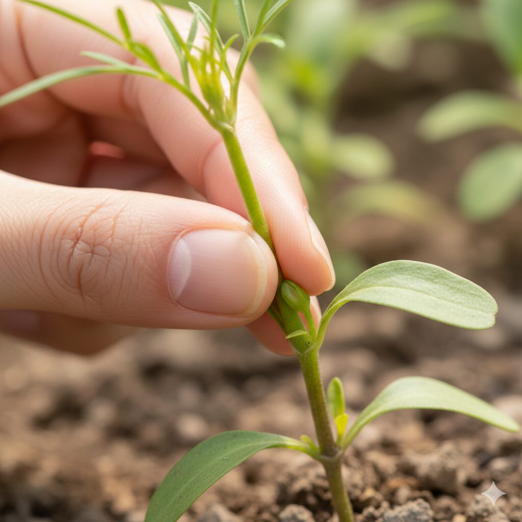コスモス ほったらかし8　花の数を増やし、株を丈夫にするためにコスモスの茎の先端を摘み取る摘心作業