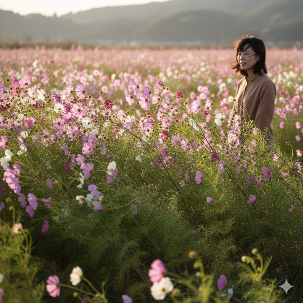 コスモス ほったらかし9　強風によるなぎ倒しを防ぐために、株同士を支え合わせるコスモスの密植栽培