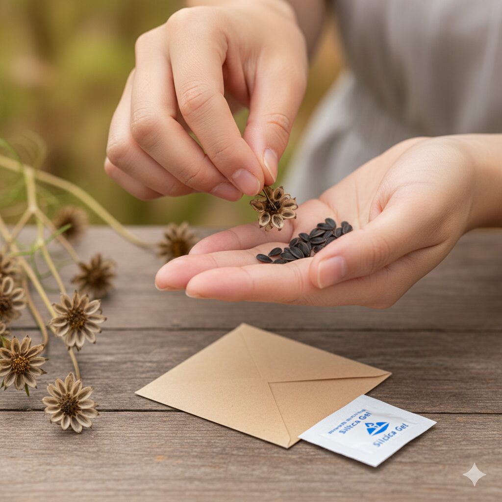 コスモス 種まき ばらまき10　翌年の種まきのために完熟したコスモスの種を自家採種する様子