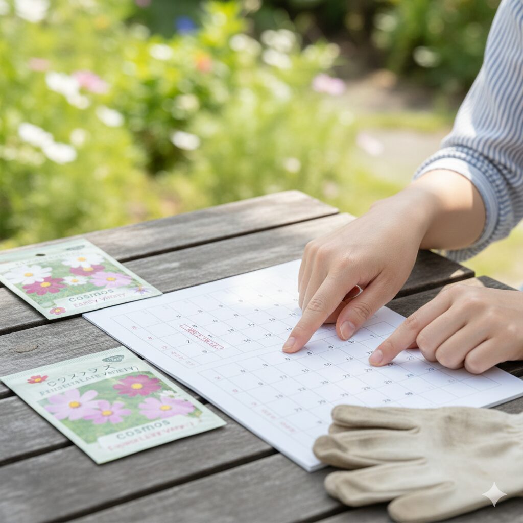 コスモス 種まき ばらまき2　コスモスの品種（早生・晩生）ごとの種まき適期をカレンダーで確認する様子