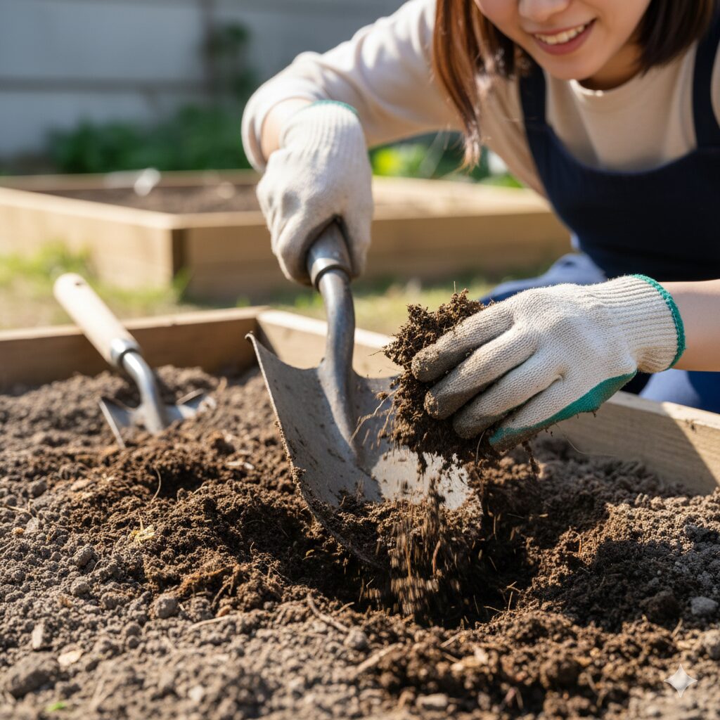 コスモス 種まき ばらまき3　コスモスの種まき前に水はけを良くするため土を深く耕して整える作業