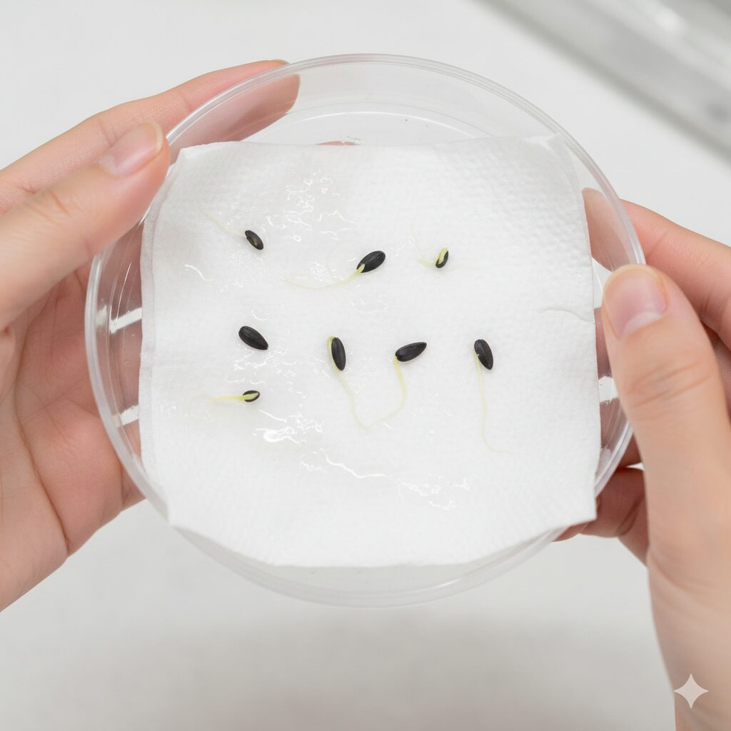 コスモス 種まき ばらまき4　キッチンペーパーを使ってコスモスの種の発芽率を事前に確認するテスト