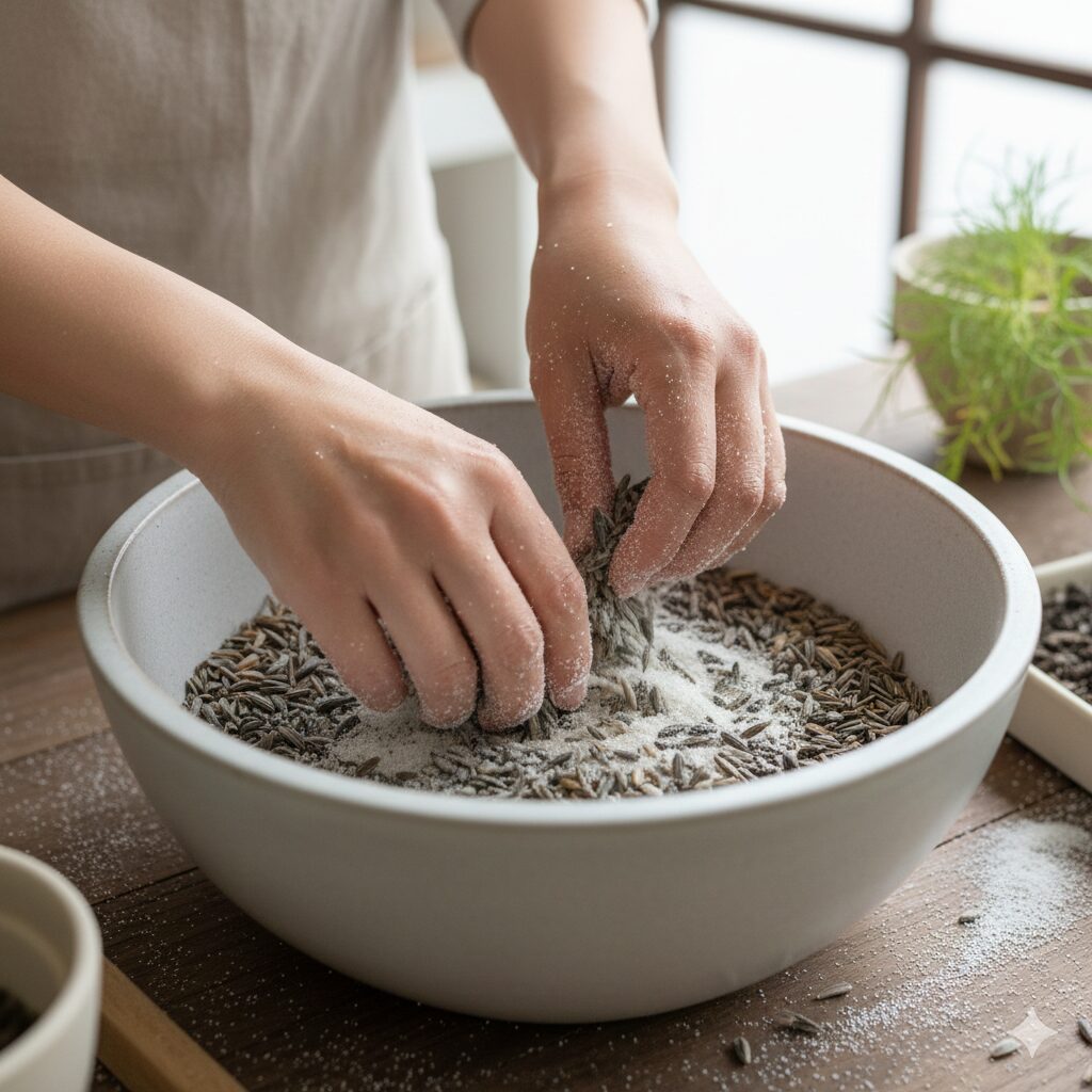 コスモス 種まき ばらまき5　コスモスの種を均一にまくために細かい砂を混ぜ合わせて増量する工夫