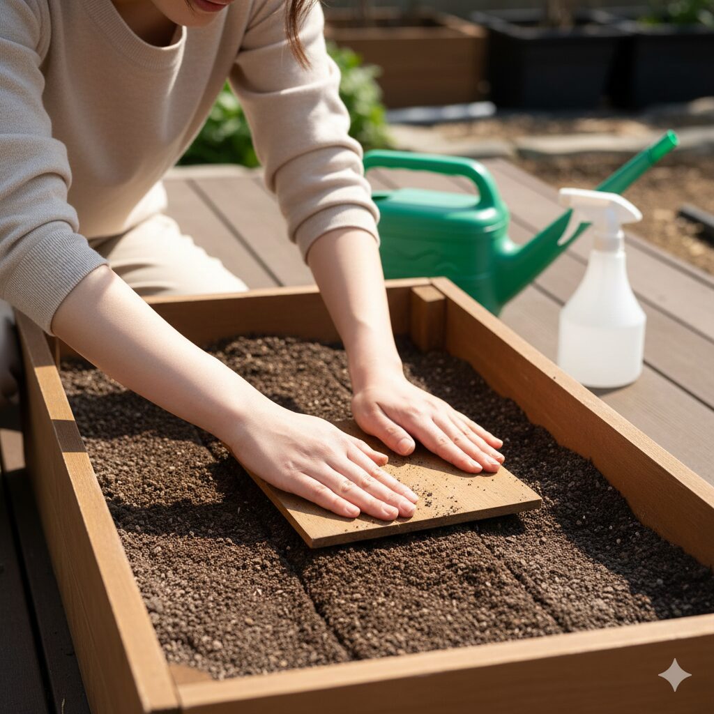 コスモス 種まき ばらまき6　コスモスの種まき後に土と種を密着させて発芽を促す鎮圧作業