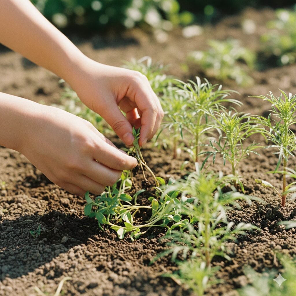 コスモス 種まき ばらまき7　コスモスの株を健康に育てるために密集した芽を間引きする手順