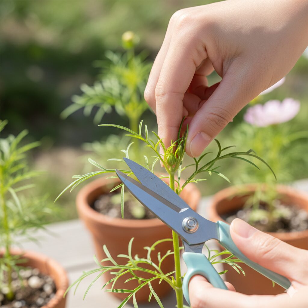 コスモス 種まき ばらまき8　コスモスの花数を増やし倒伏を防ぐために茎の先端をカットする摘心作業
