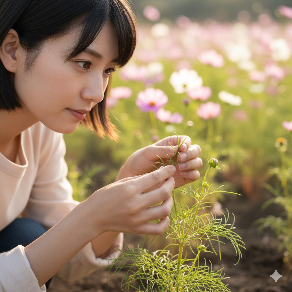 コスモス 種まき プランター10　コスモスの葉の裏をチェックして病害虫を予防する様子