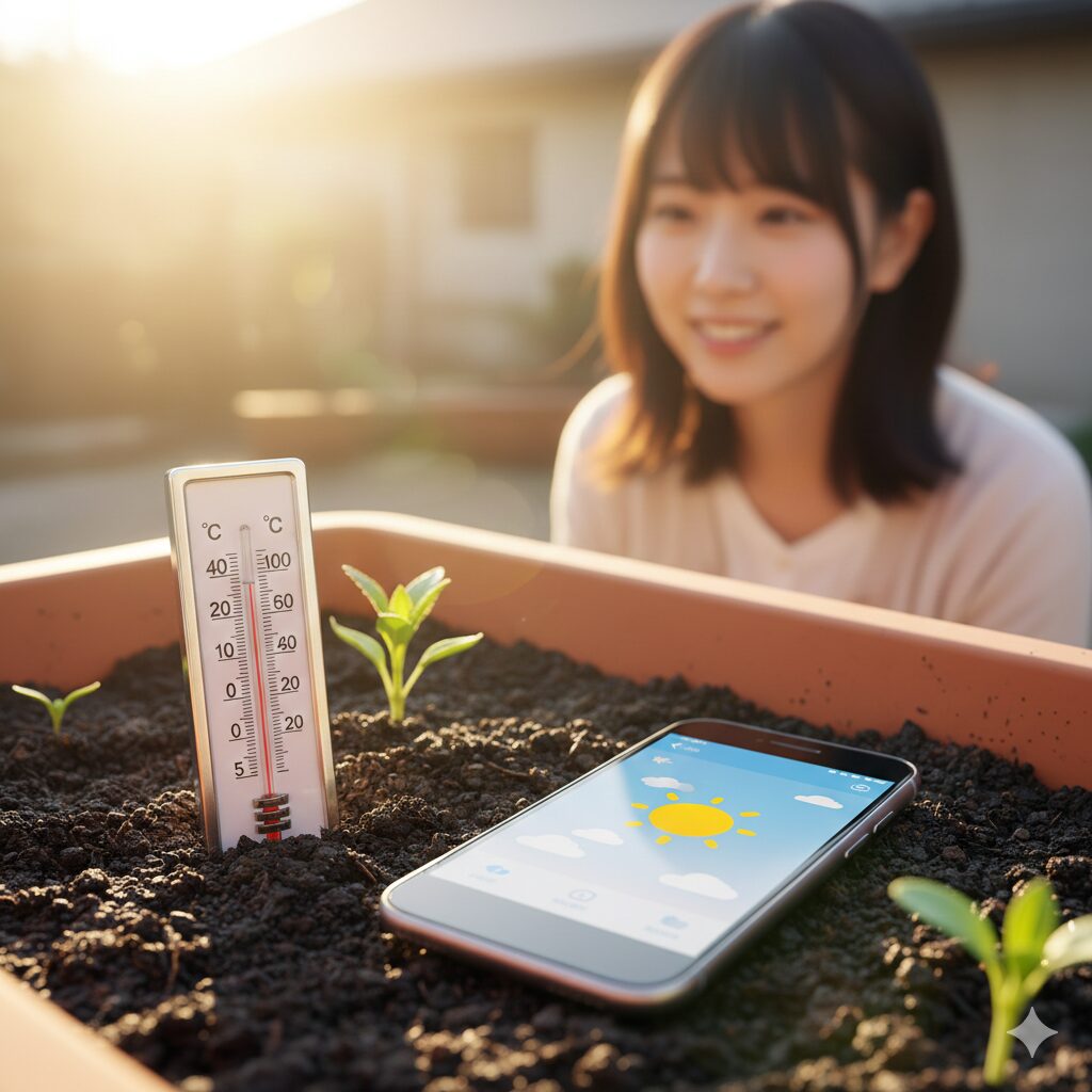 コスモス 種まき プランター2　コスモスの発芽に適した温度を確認する園芸用温度計とプランター