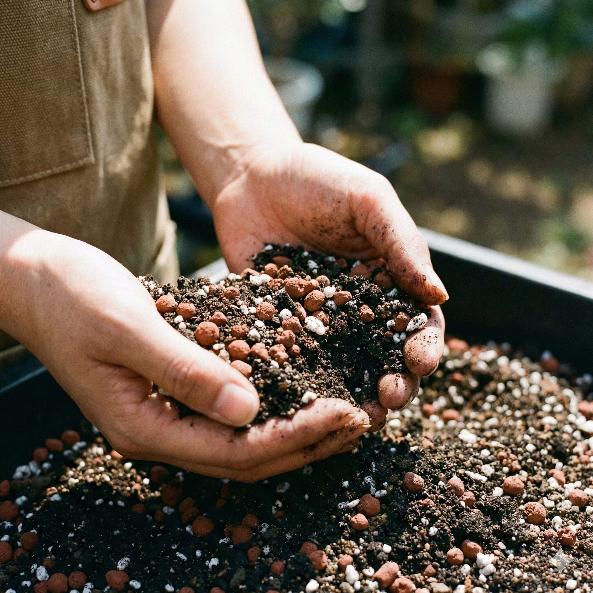 コスモス 種まき プランター4　赤玉土とパーライトを混ぜてコスモス用の水はけの良い土を作る様子