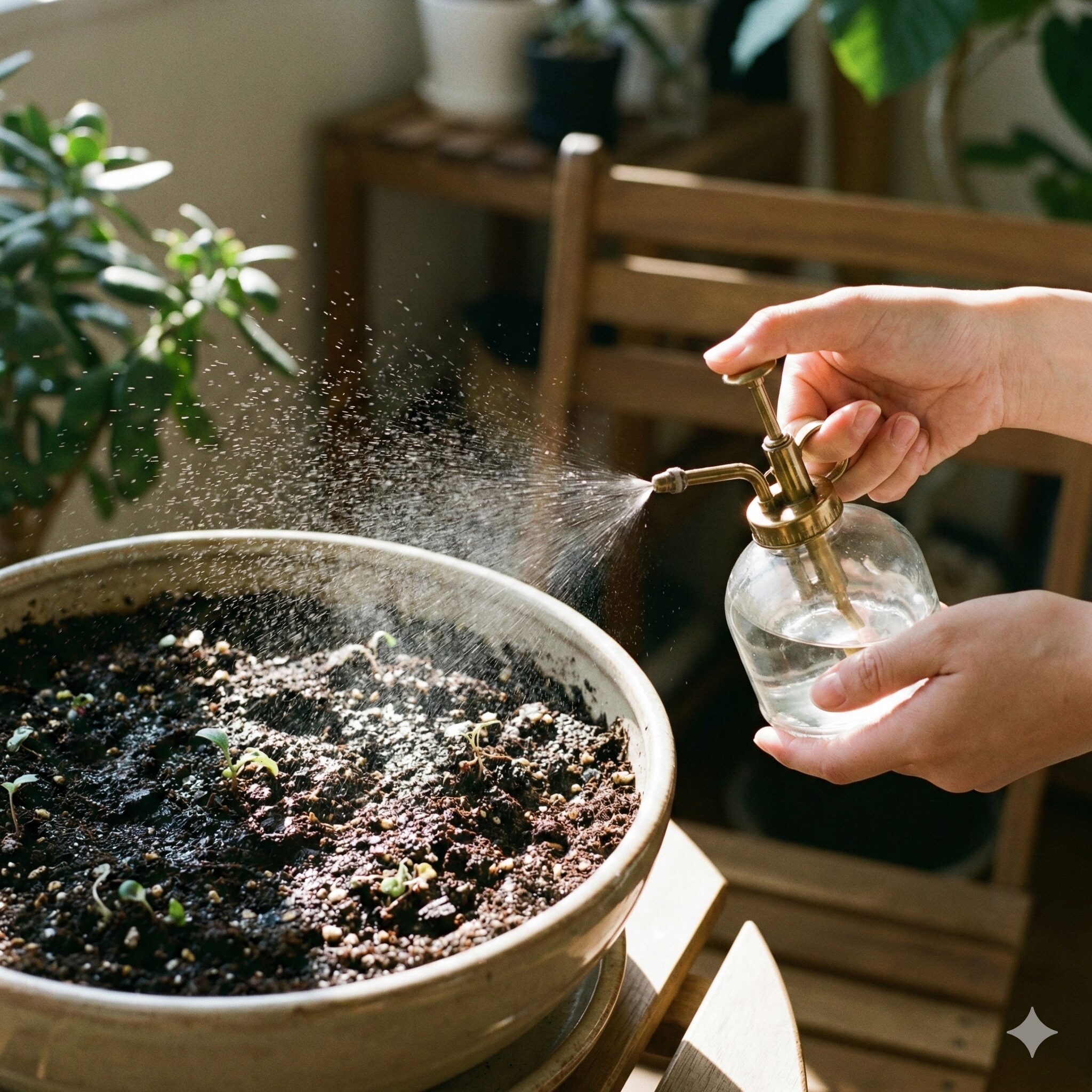 コスモス 種まき プランター6　コスモスの種まき直後に霧吹きで優しく水やりをする様子