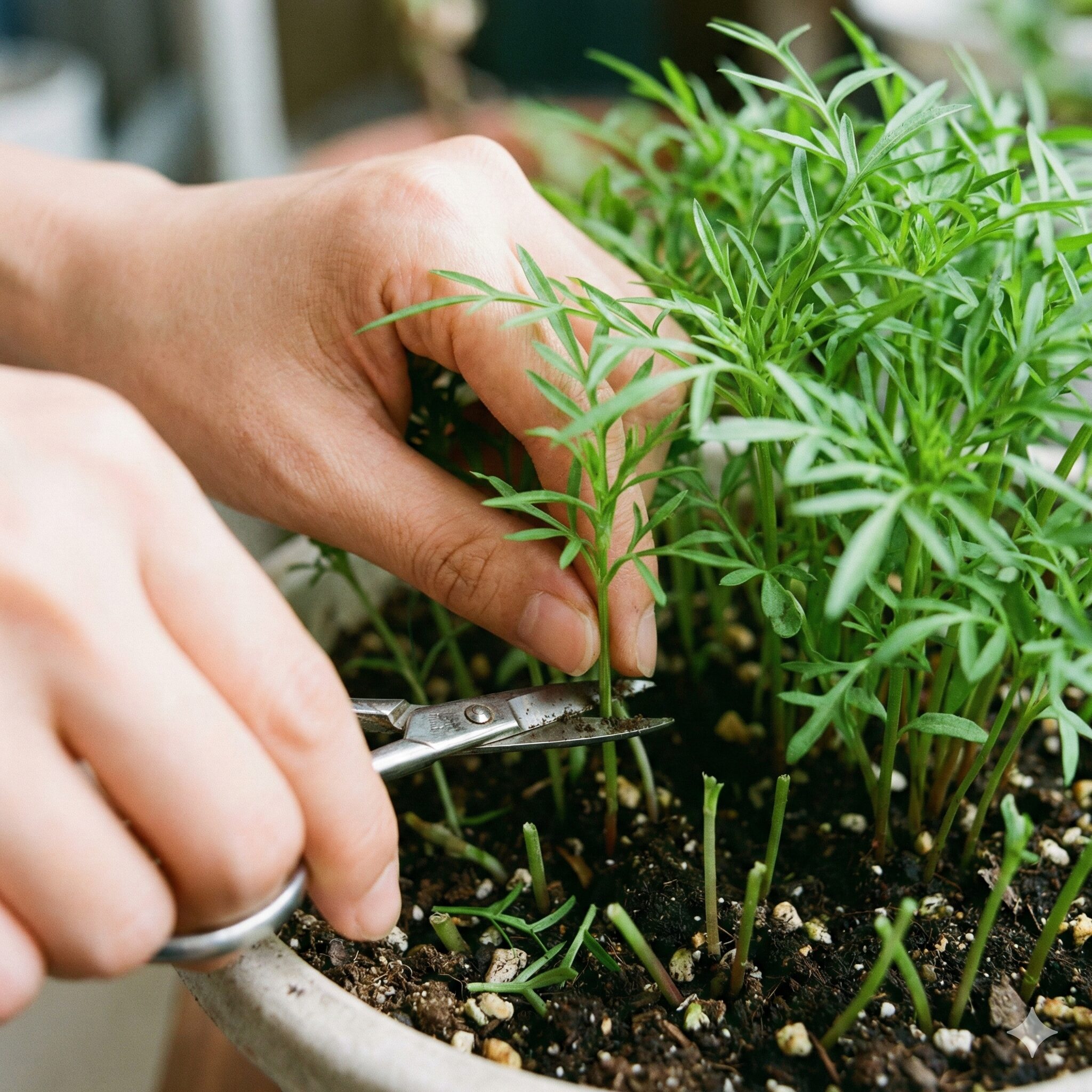 コスモス 種まき プランター7　ハサミを使ってコスモスの苗を丁寧に間引きする作業