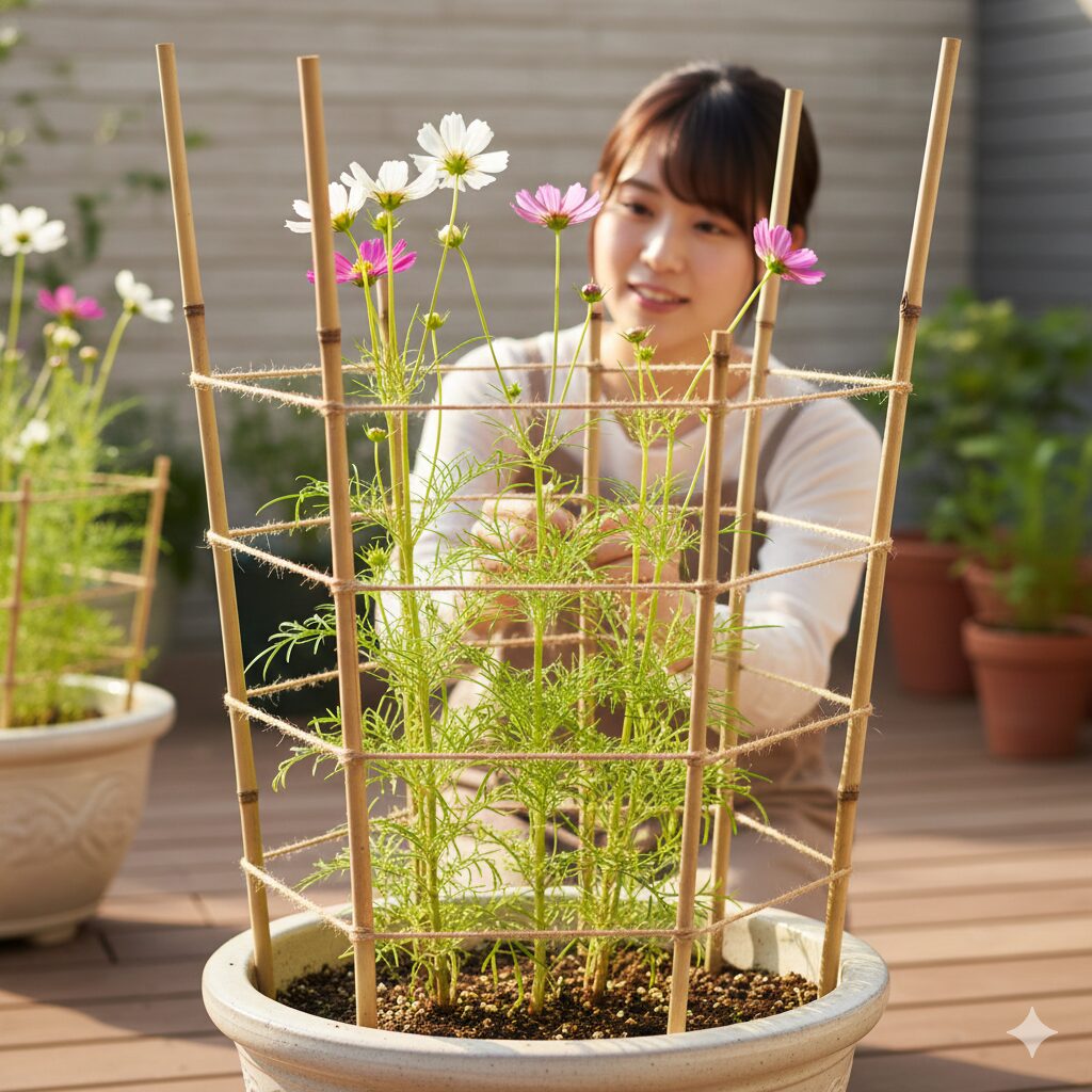 コスモス 種まき プランター9　プランターのコスモスを倒れないように支柱と麻紐でサポートする様子