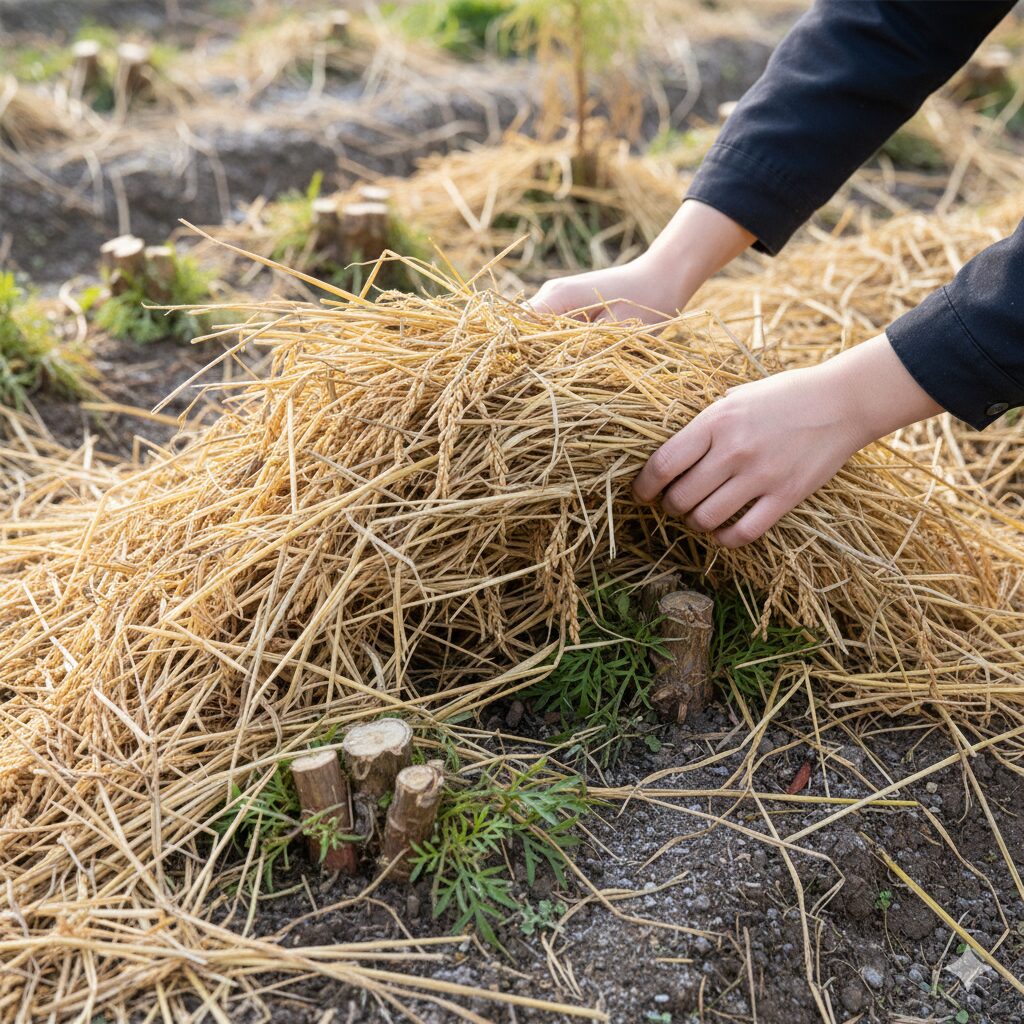 コスモス 育て方 多年草10　稲わらを使ってコスモスの株元を冬越し保護するマルチング作業