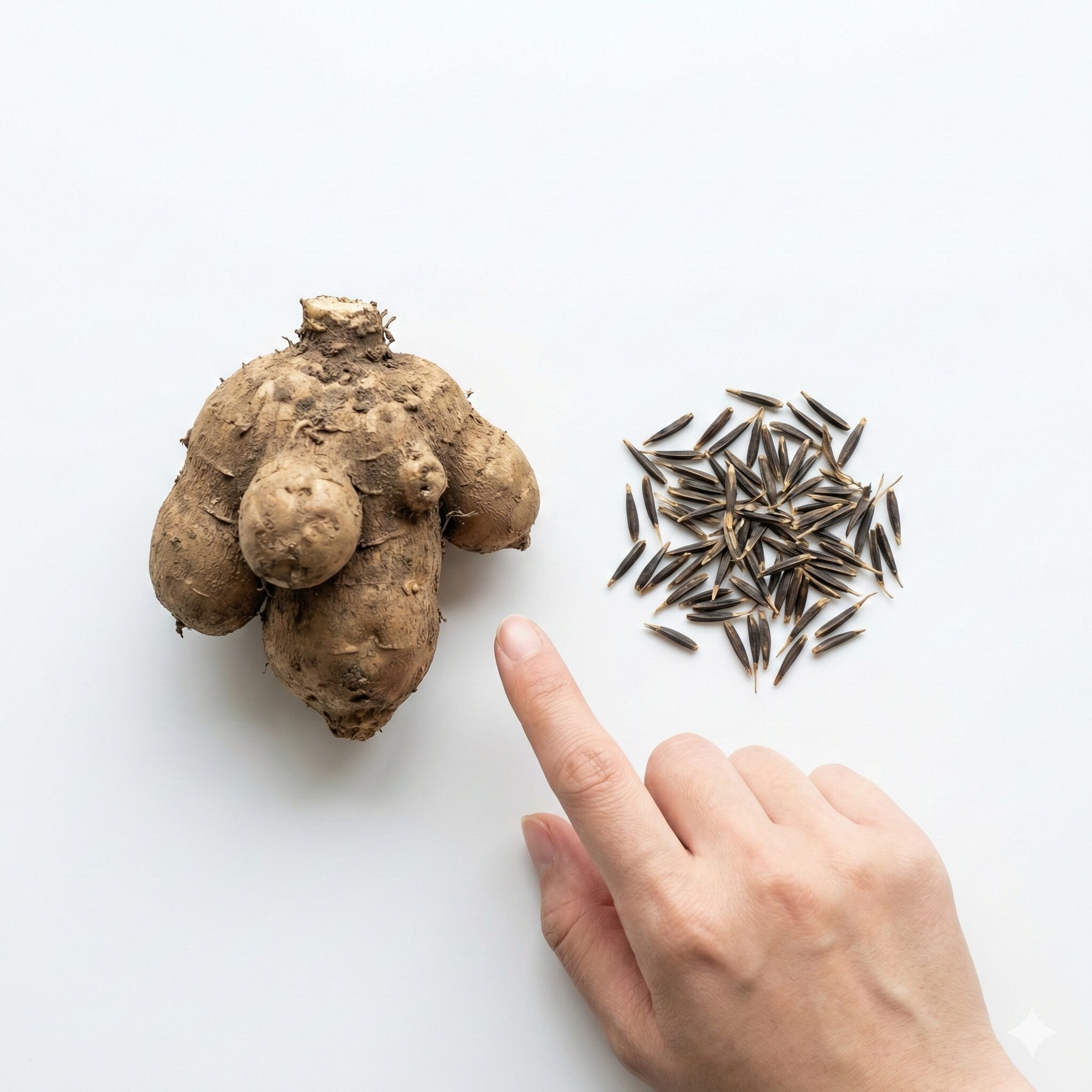 コスモス 育て方 多年草2　宿根草の塊根と一年草の種の比較イメージ