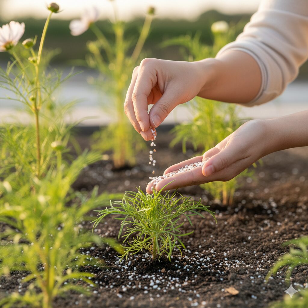 コスモス 育て方 多年草8　コスモスの株元に適切な量の緩効性肥料を与える様子