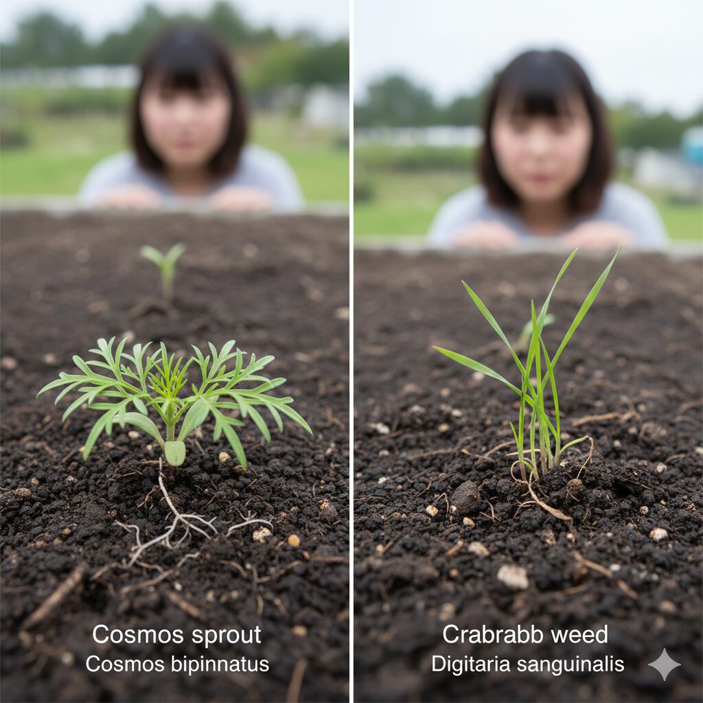 コスモス 雑草対策4　コスモスの幼苗とイネ科の雑草（メヒシバ）の比較画像。葉の形の違いによる見分け方。