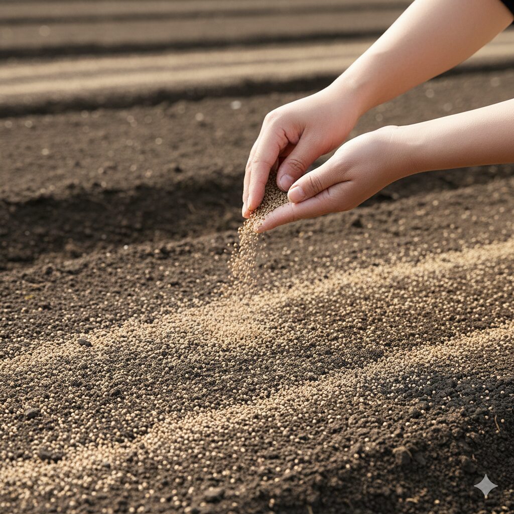 コスモス 雑草対策5　コスモス栽培で使用される除草剤トレファノサイドを土壌表面に散布した後の様子。