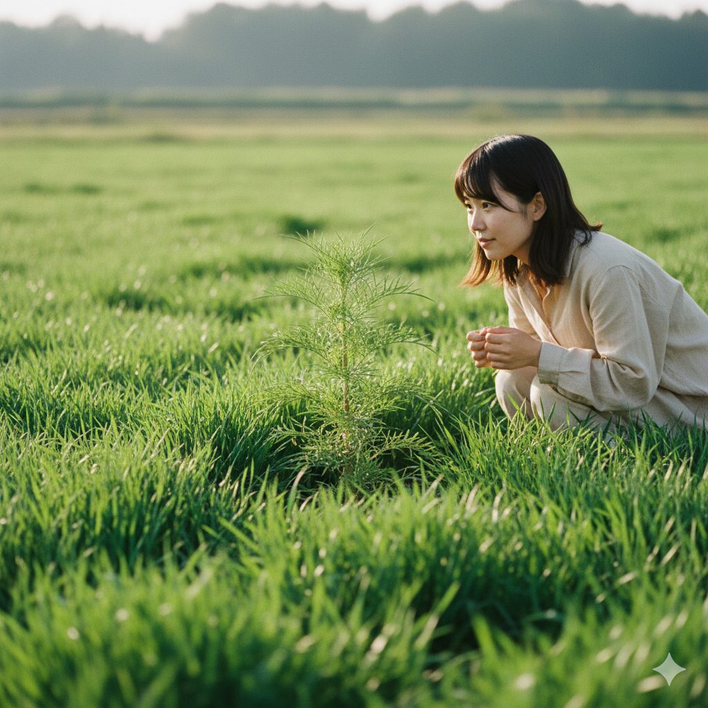コスモス 雑草対策7　リビングマルチ（おたすけムギ）を活用したコスモスの雑草対策。地面を覆うムギの様子。