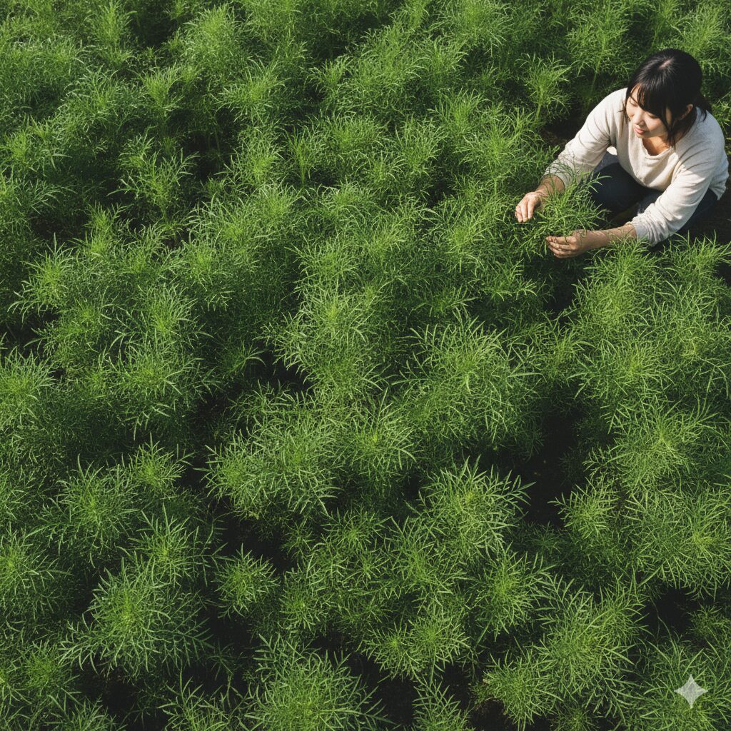 コスモス 雑草対策8　密度を高く植えたコスモスの葉が地面を覆い隠し、雑草の発芽を抑制している様子。