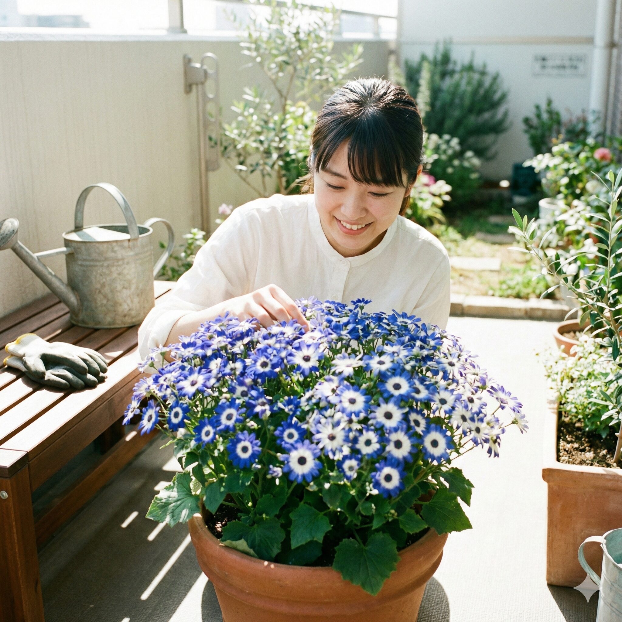 サイネリア 切り戻し1　満開に咲いた鮮やかな青と白のサイネリアの鉢植えとガーデニング用品