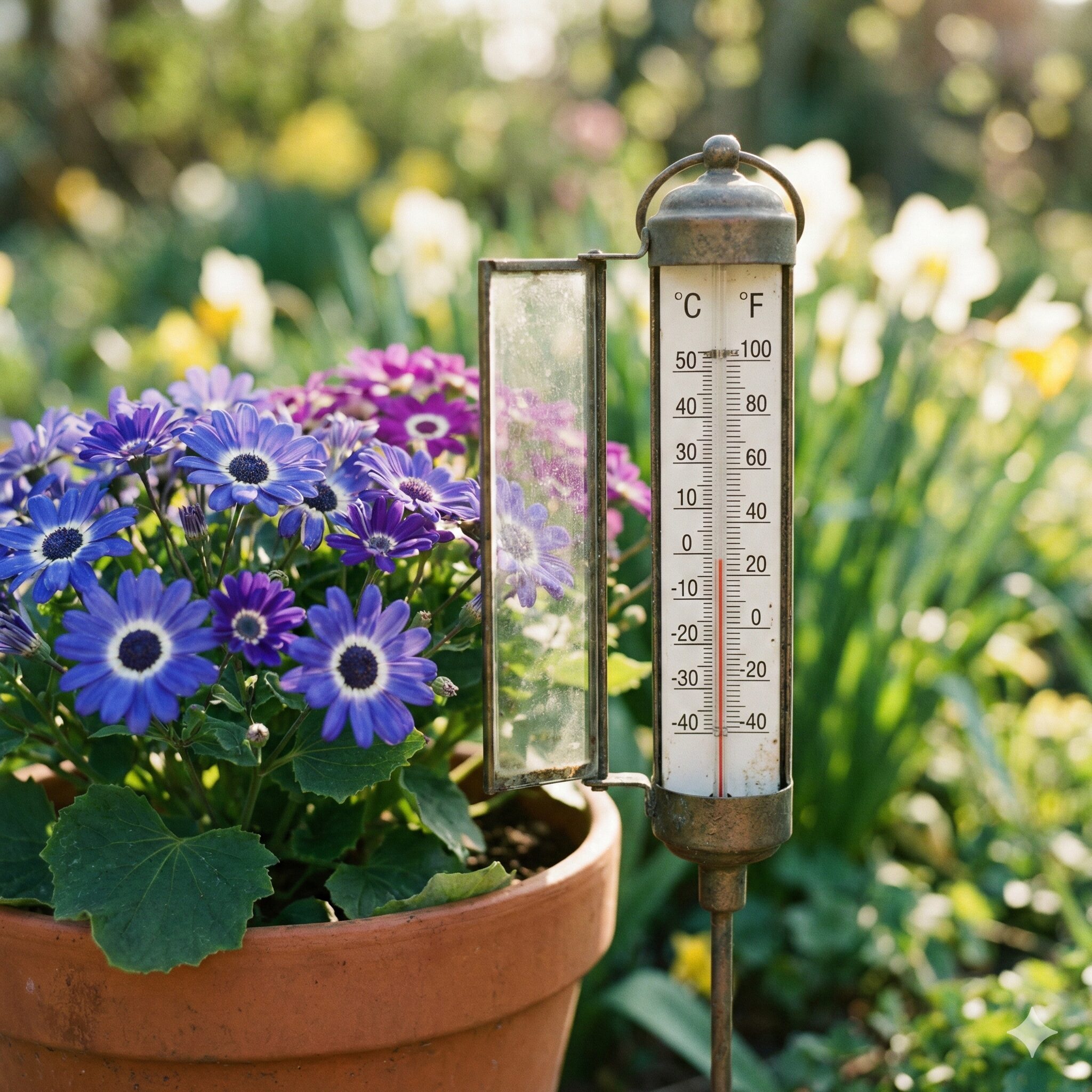 サイネリア 切り戻し2　サイネリアの栽培適温である15度から20度を指すガーデン温度計