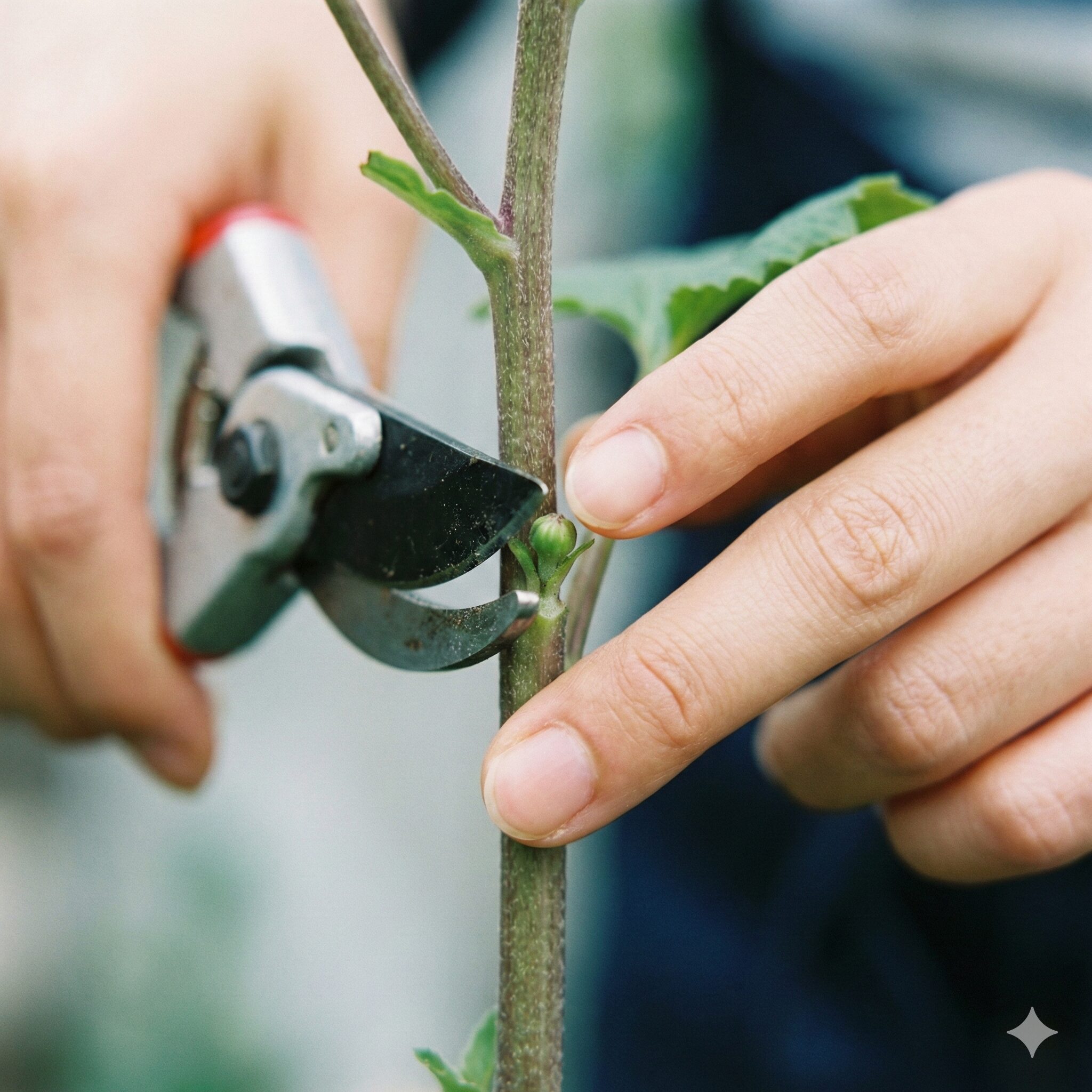 サイネリア 切り戻し3　サイネリアの切り戻しでわき芽の数ミリ上をカットする位置の解説写真