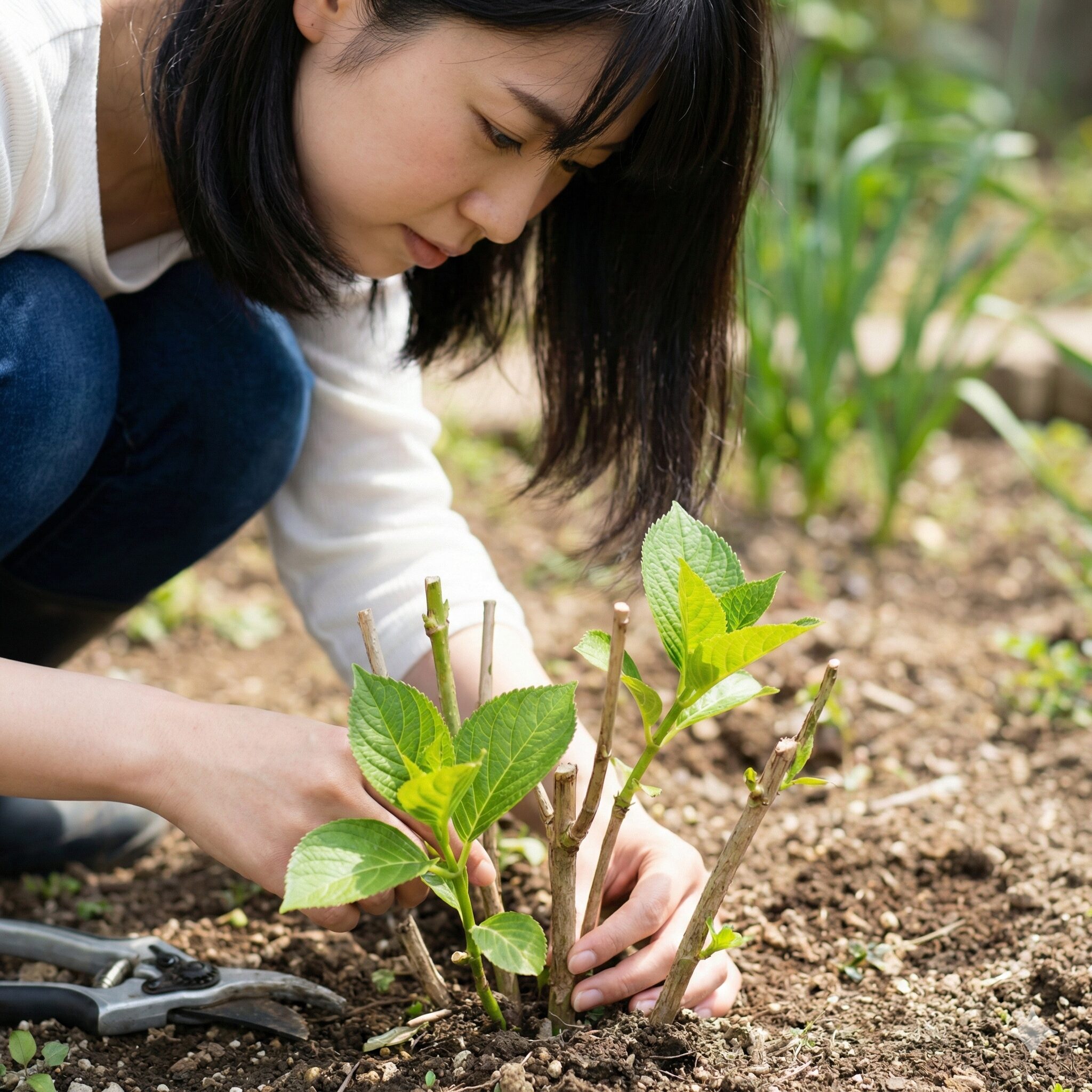 サイネリア 切り戻し5　切り戻し後に株元の葉を数枚残したサイネリアの正しい剪定後の姿