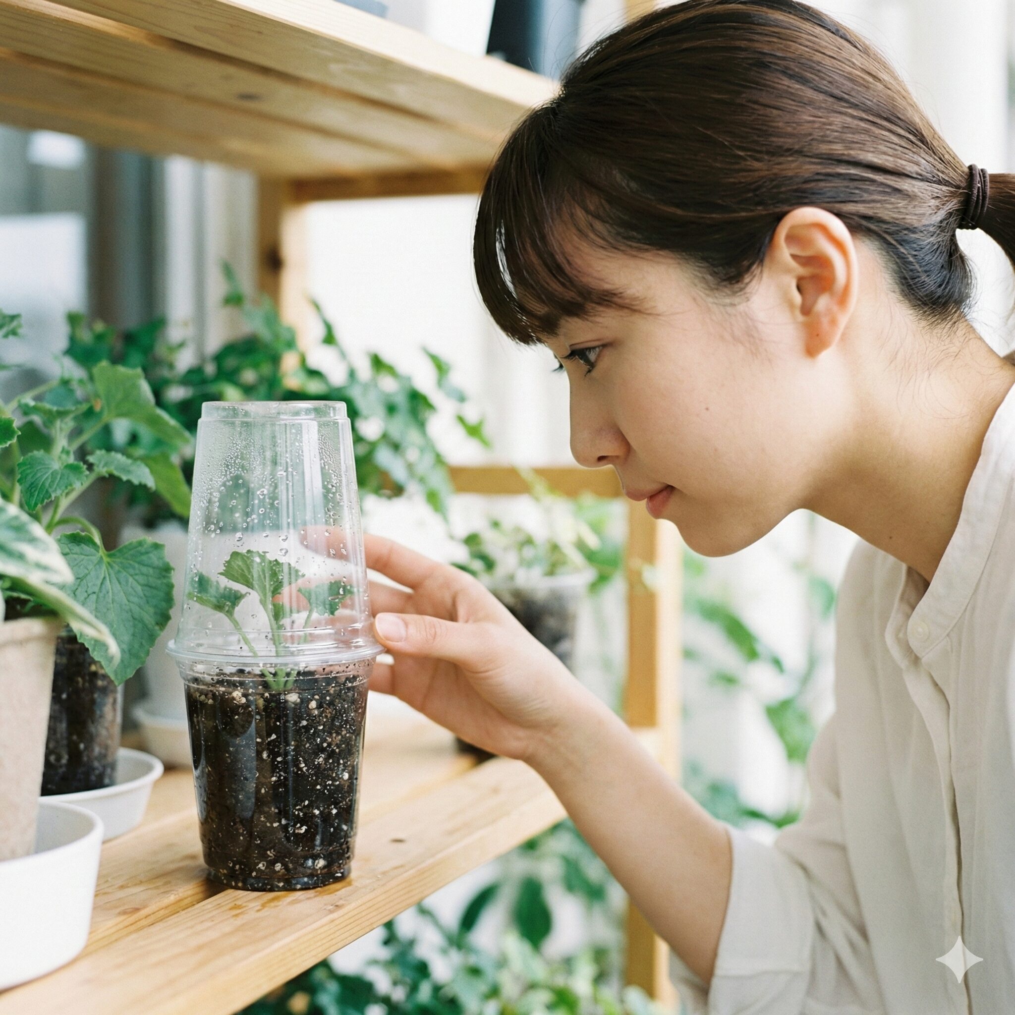 サイネリア 切り戻し7　清潔な赤玉土に挿して密閉管理されているサイネリアの挿し木