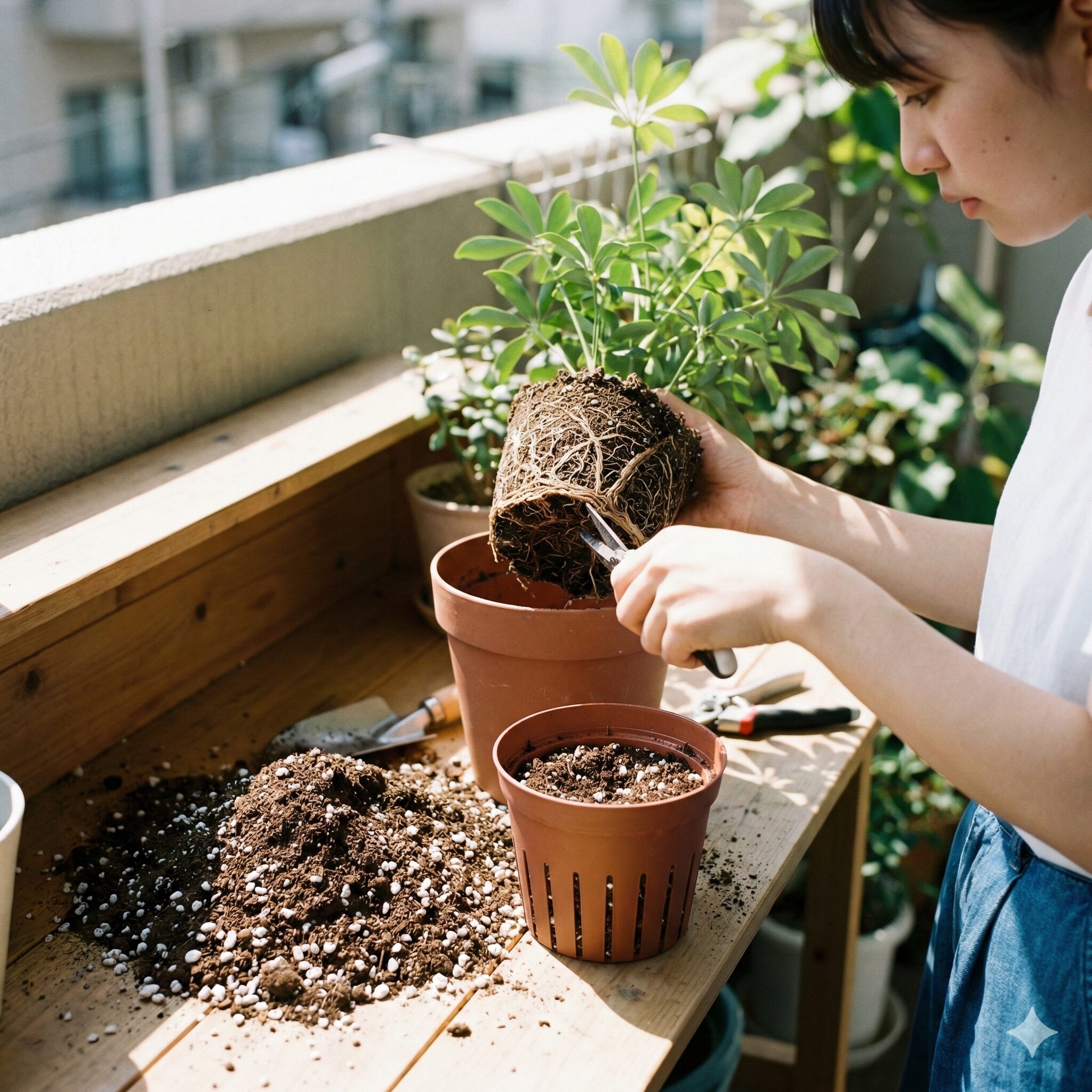 サイネリア 切り戻し9　夏越しのために一回り小さなスリット鉢へ植え替える減鉢の作業