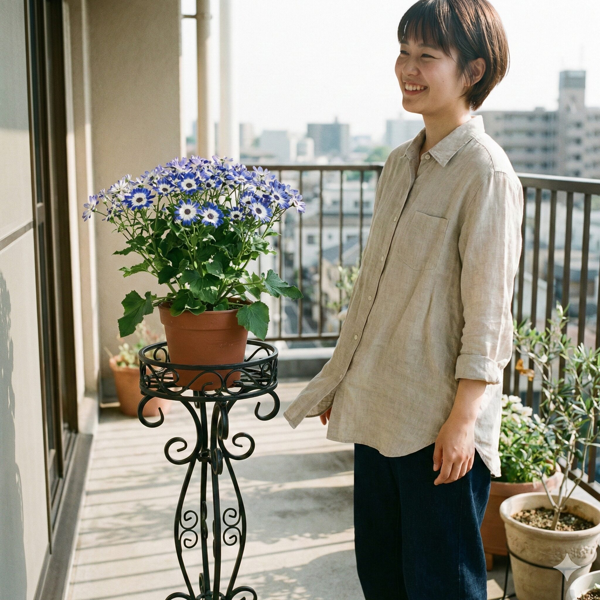 サイネリア 多年草3　ベランダの熱から根を守るためにフラワースタンドに乗せられたサイネリア