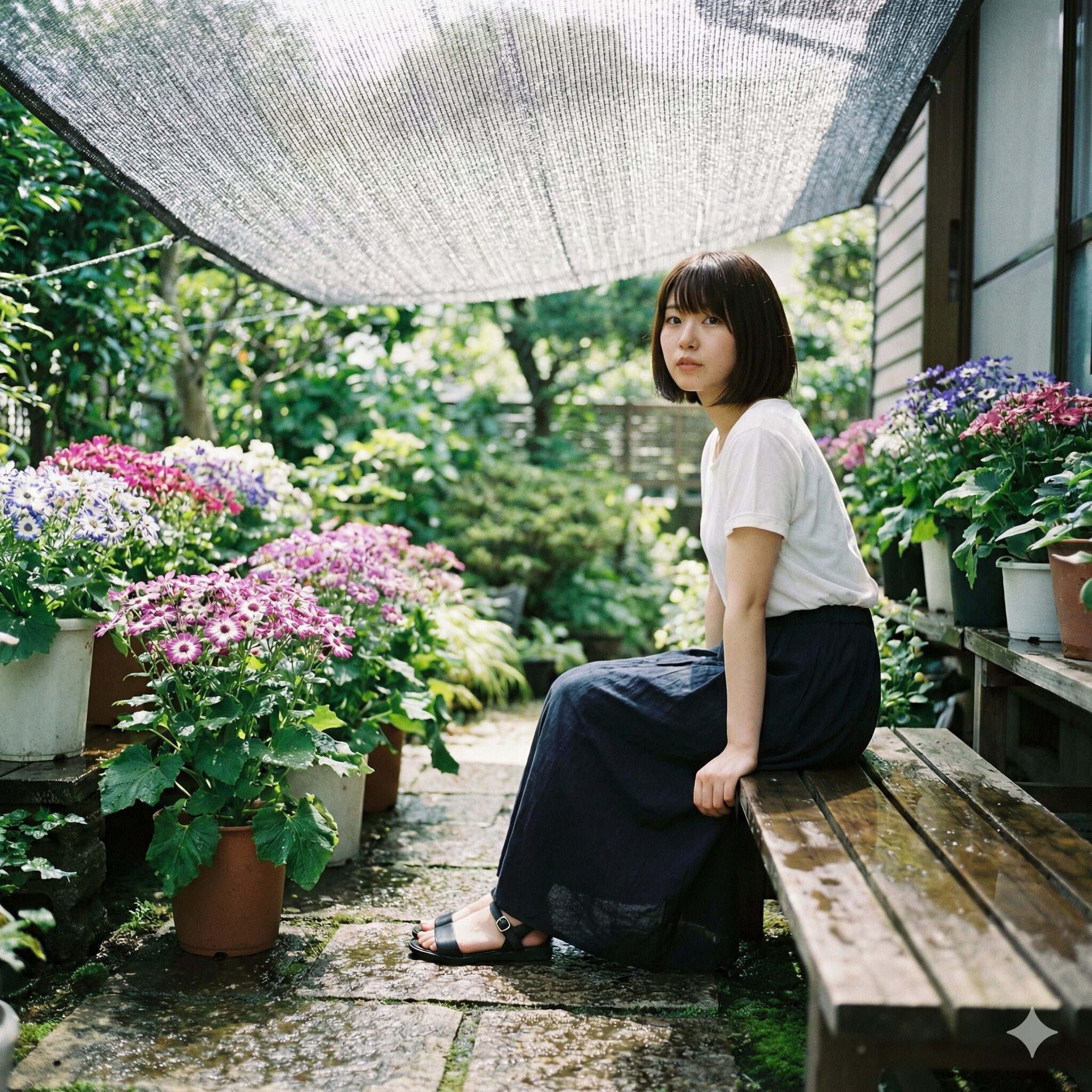 サイネリア 多年草4　夏の強い直射日光を遮光ネットで防ぎ涼しい環境で管理されるサイネリア