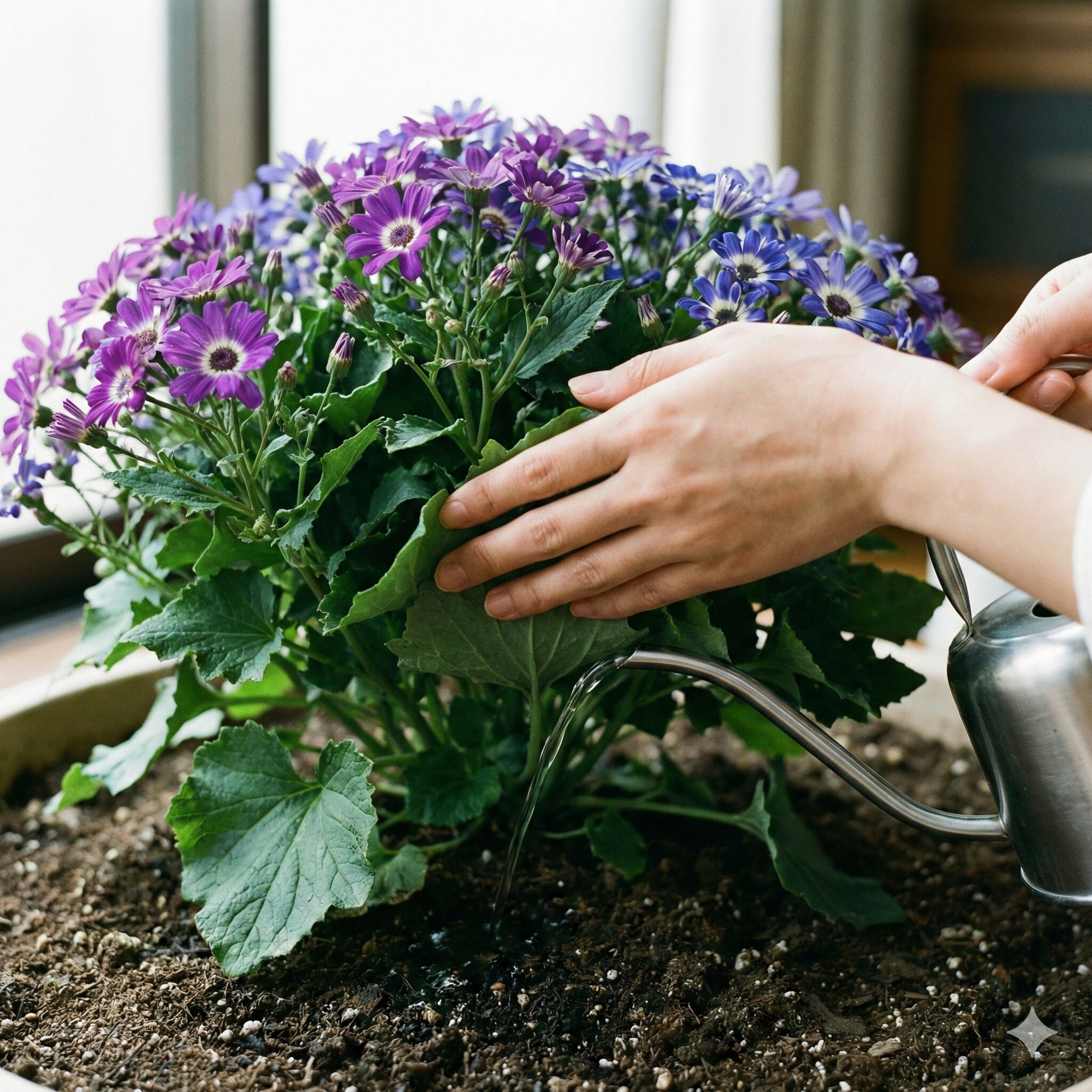 サイネリア 多年草5　蒸れや病気を防ぐためにサイネリアの株元へ優しく行う水やりの様子