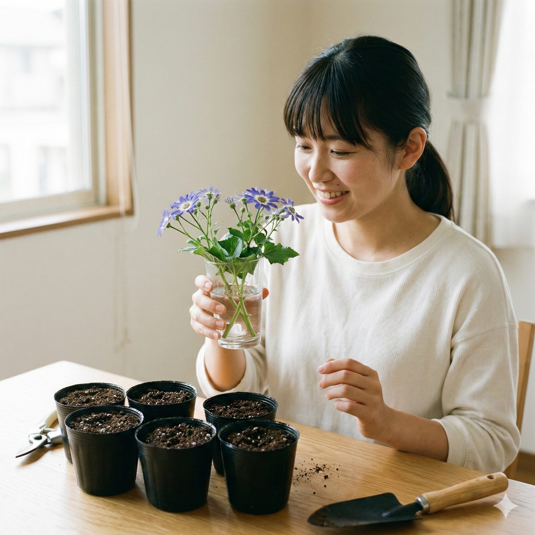 サイネリア 多年草7　世代交代のために挿し芽でバックアップ株を作るサイネリアの繁殖作業