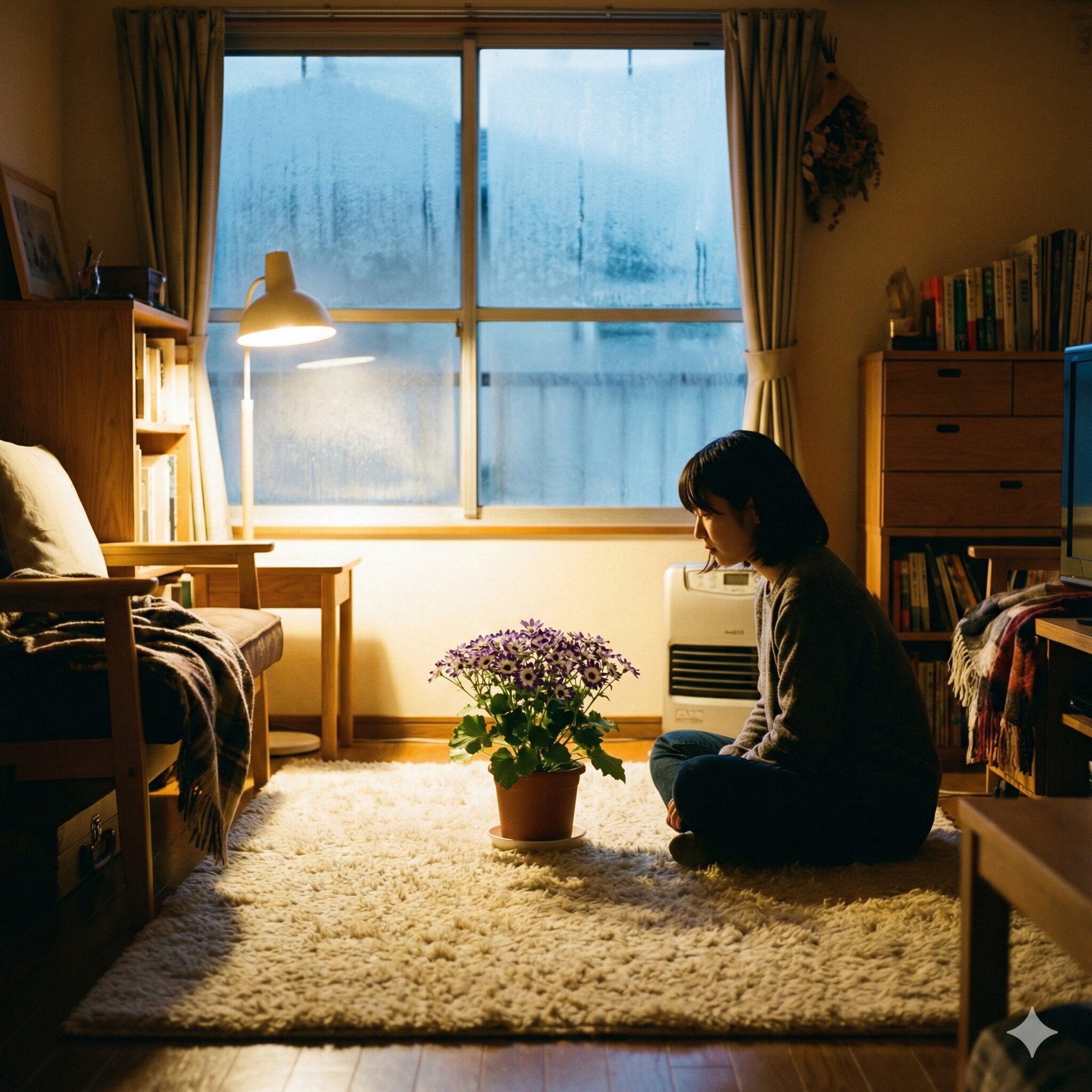 サイネリア 多年草8　冬の夜間の冷え込みを避けるため室内の中央に避難させたサイネリア