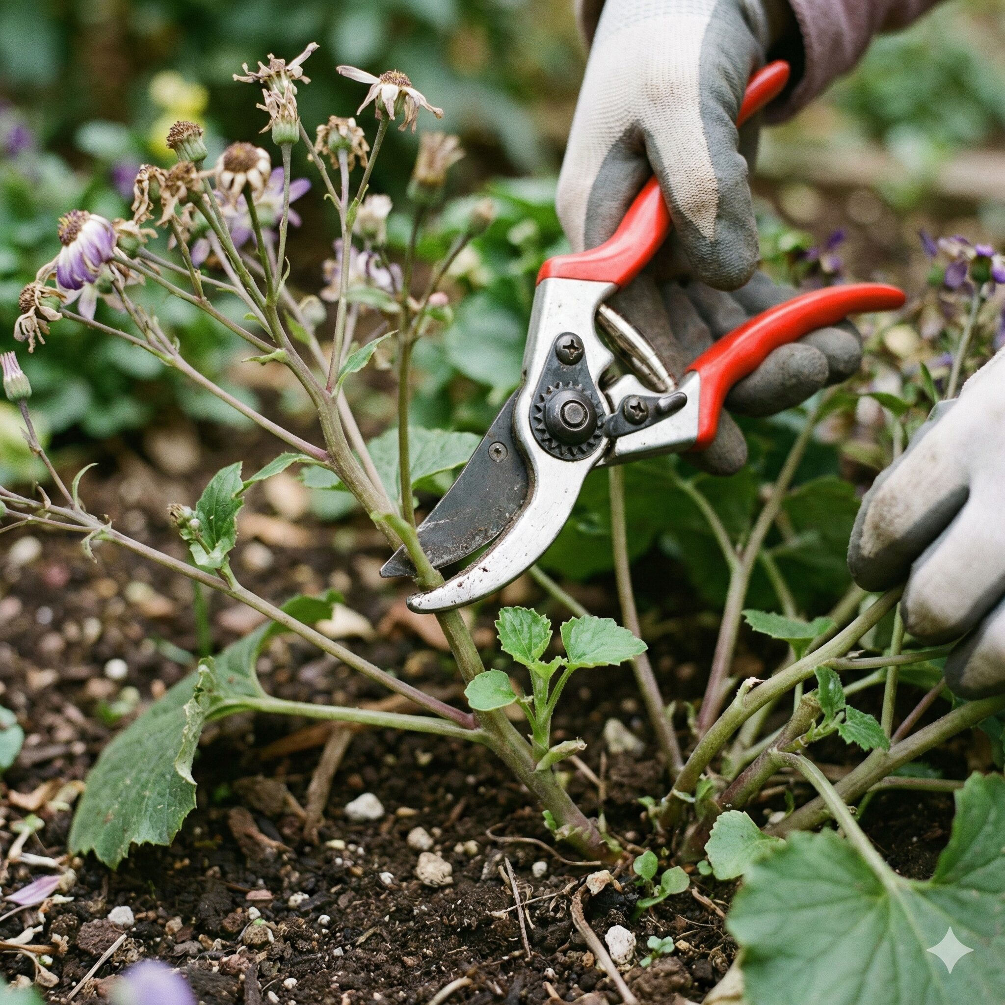 サイネリア 多年草9　春に二度目の満開を楽しむために脇芽の上で行う切り戻し作業
