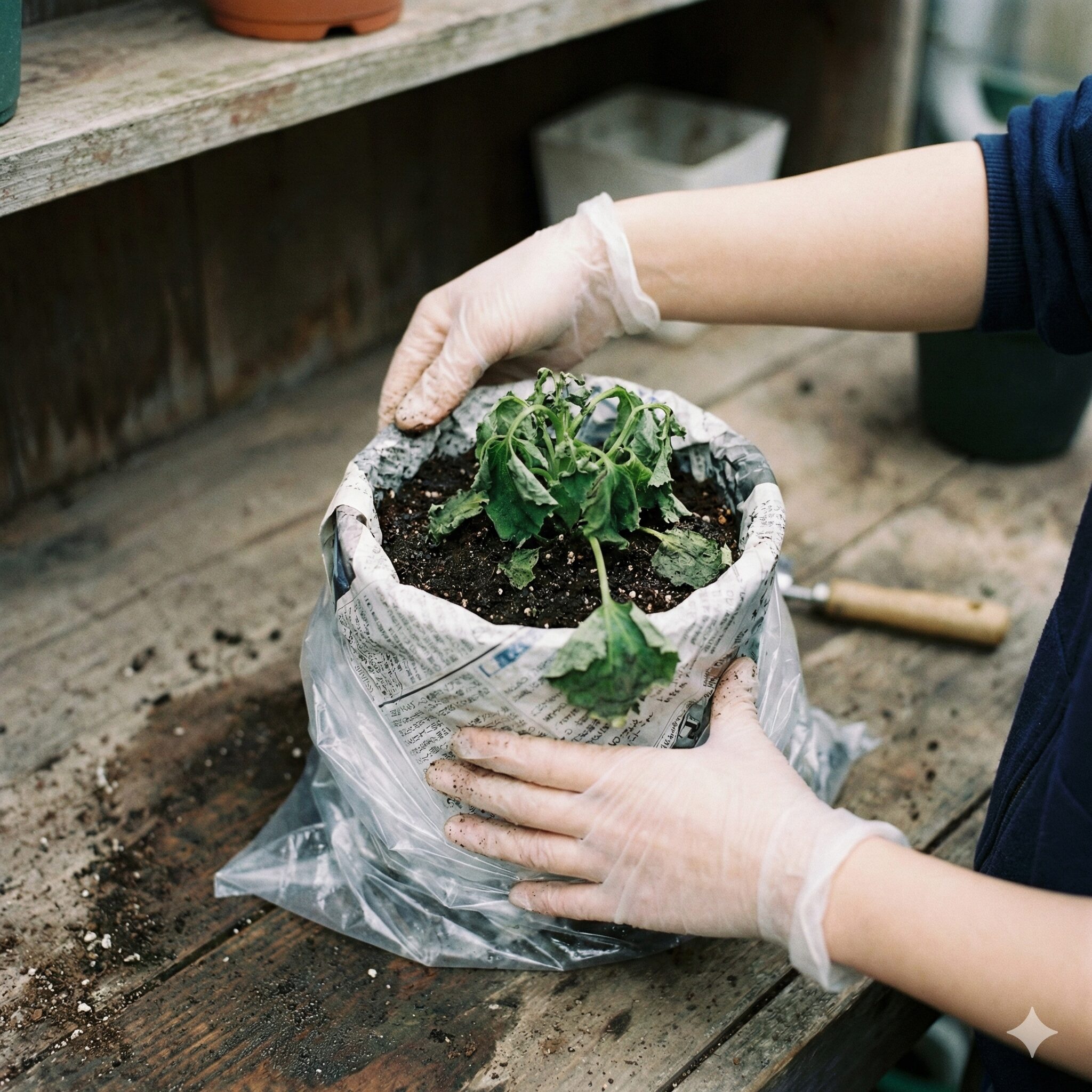 サイネリア 枯れたら3　飽和湿度養生法で濡れ新聞紙とビニール袋に包まれたサイネリアの蘇生手順