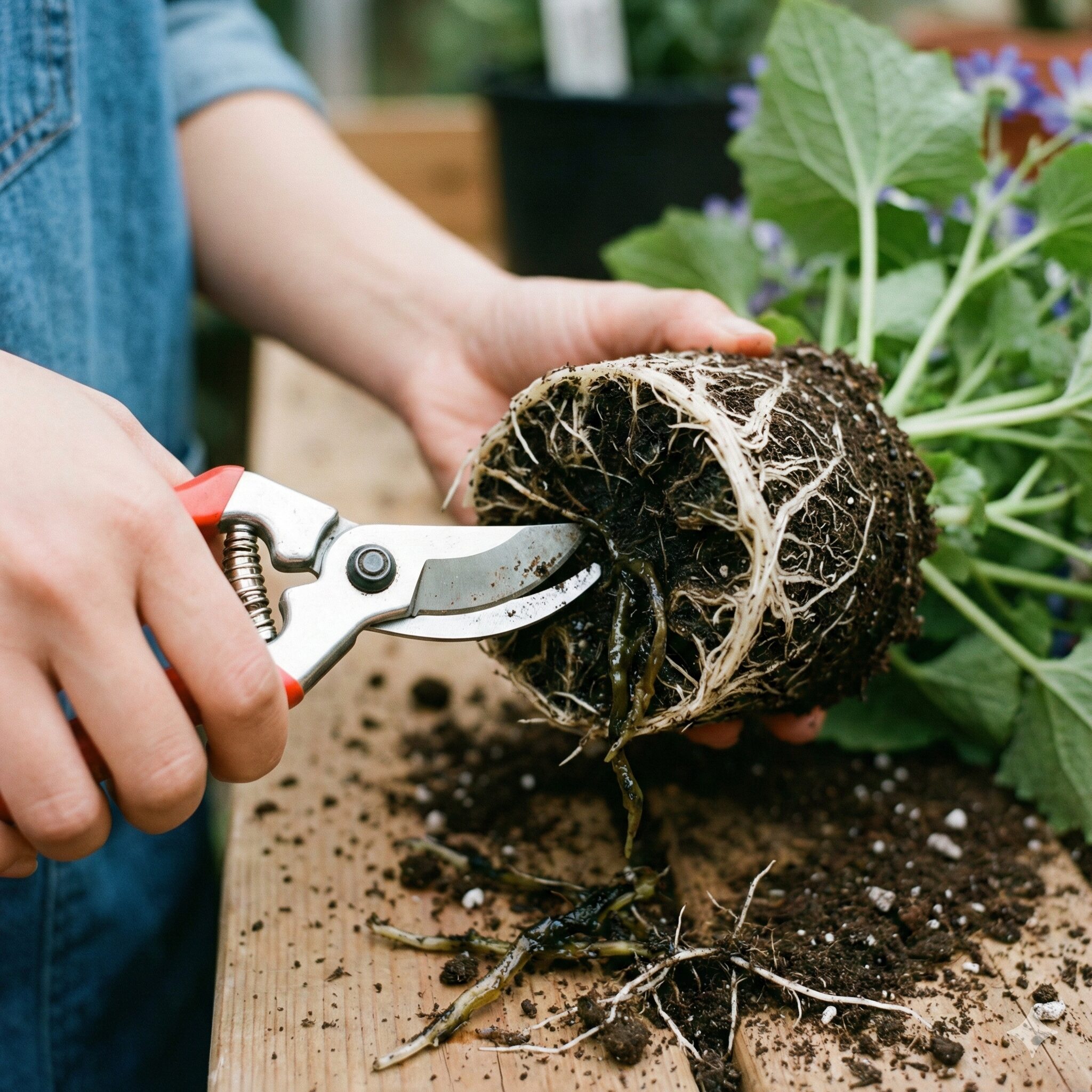 サイネリア 枯れたら4　根腐れしたサイネリアの黒い根を剪定バサミで取り除く外科的処置の様子