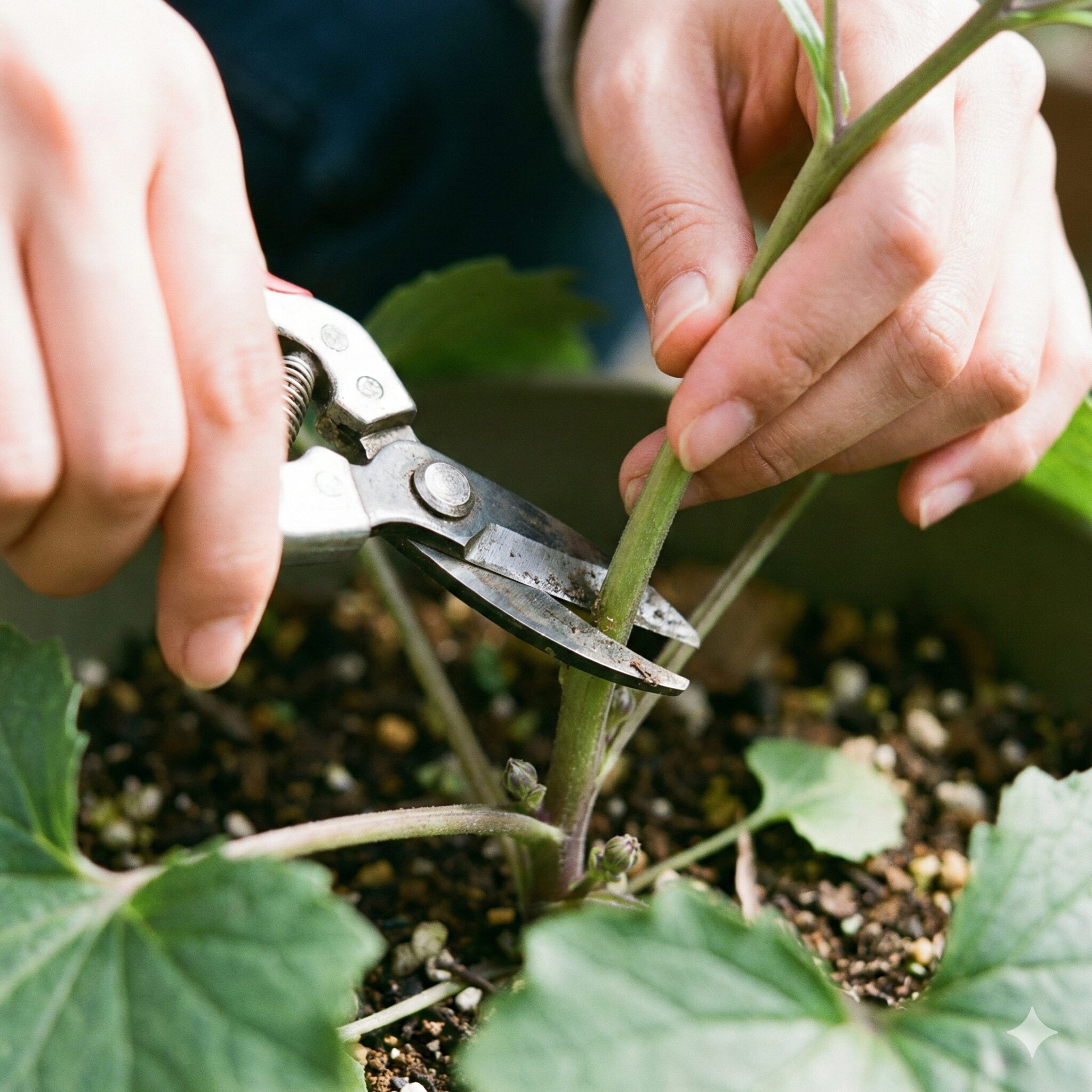 サイネリア 枯れたら5　セネッティの二度咲きを促進するための正しい切り戻し位置と剪定の様子