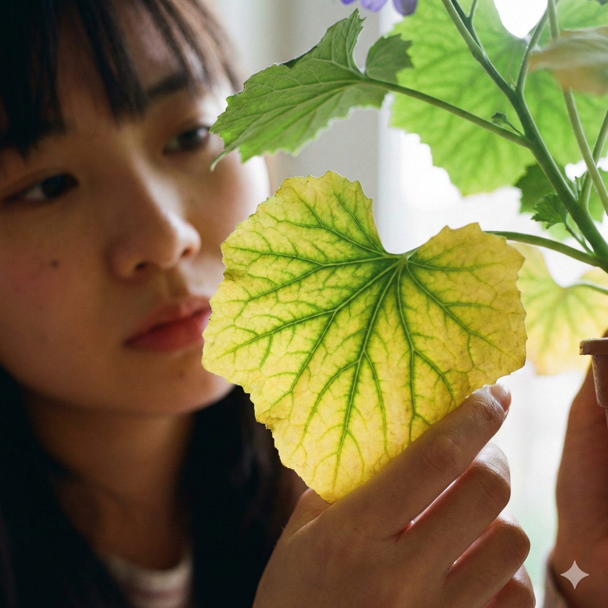 サイネリア 枯れたら6　栄養不足により下葉が黄色く変色したサイネリアの葉の症状