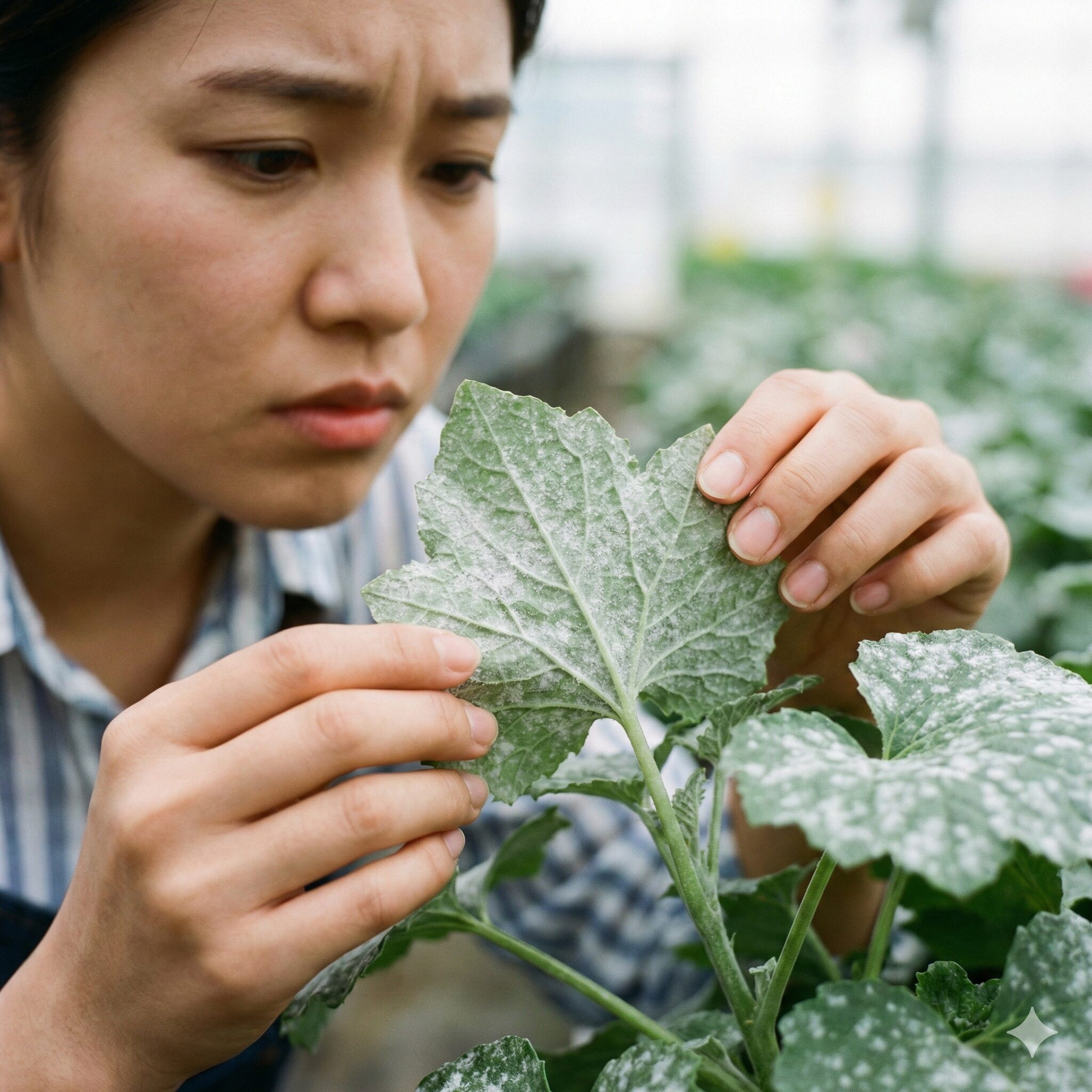 サイネリア 枯れたら8　サイネリアの葉に発生したうどんこ病の白い粉状の斑点と症状