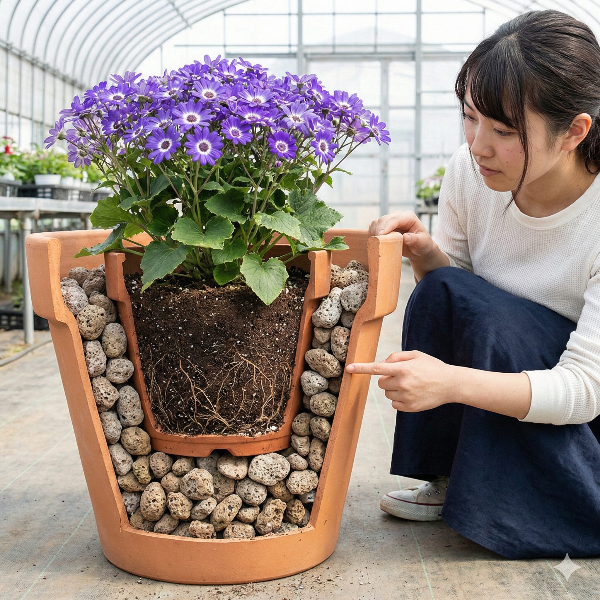 サイネリア 枯れたら9　夏越し対策として気化熱を利用したサイネリアの二重鉢構造の仕組み