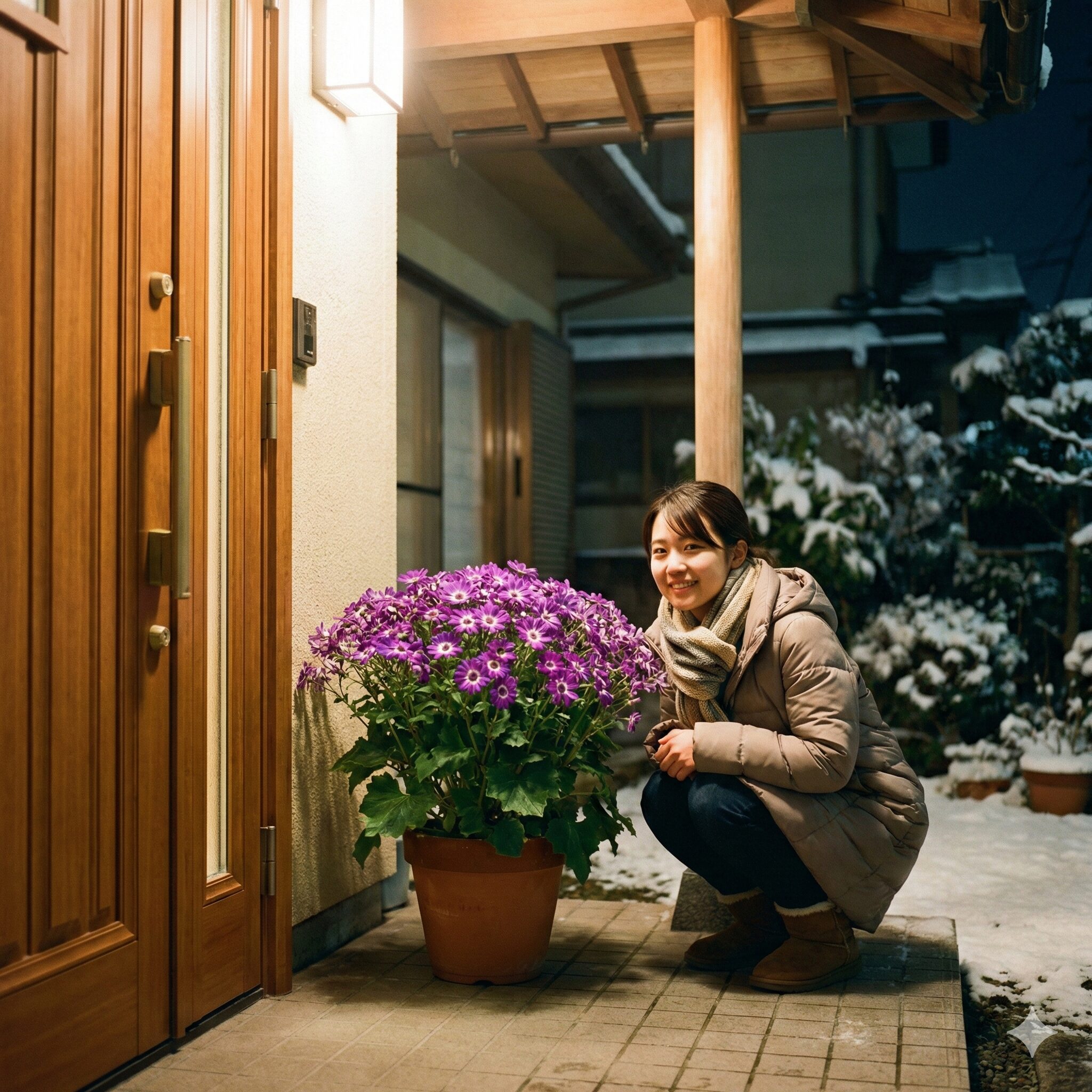 サイネリア 玄関1　冬の屋外の軒下で寒さ対策をしながら管理される紫色のサイネリアの鉢植え